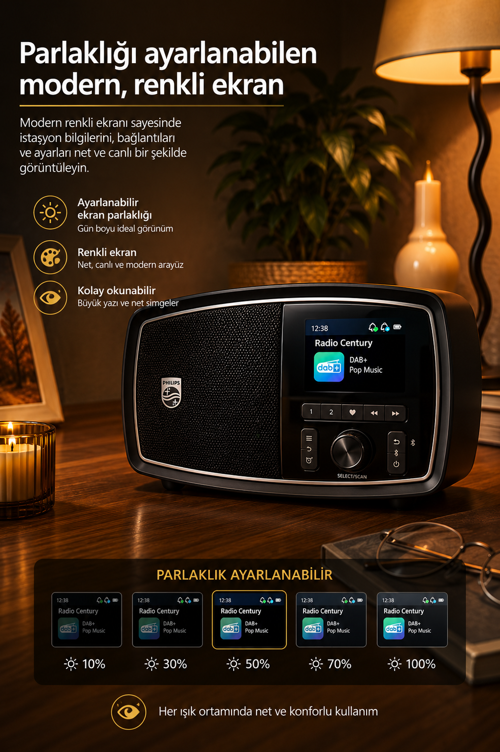 DAB+ pop müzik çalan, renkli ve ayarlanabilir ekrana sahip modern bir Philips radyo.