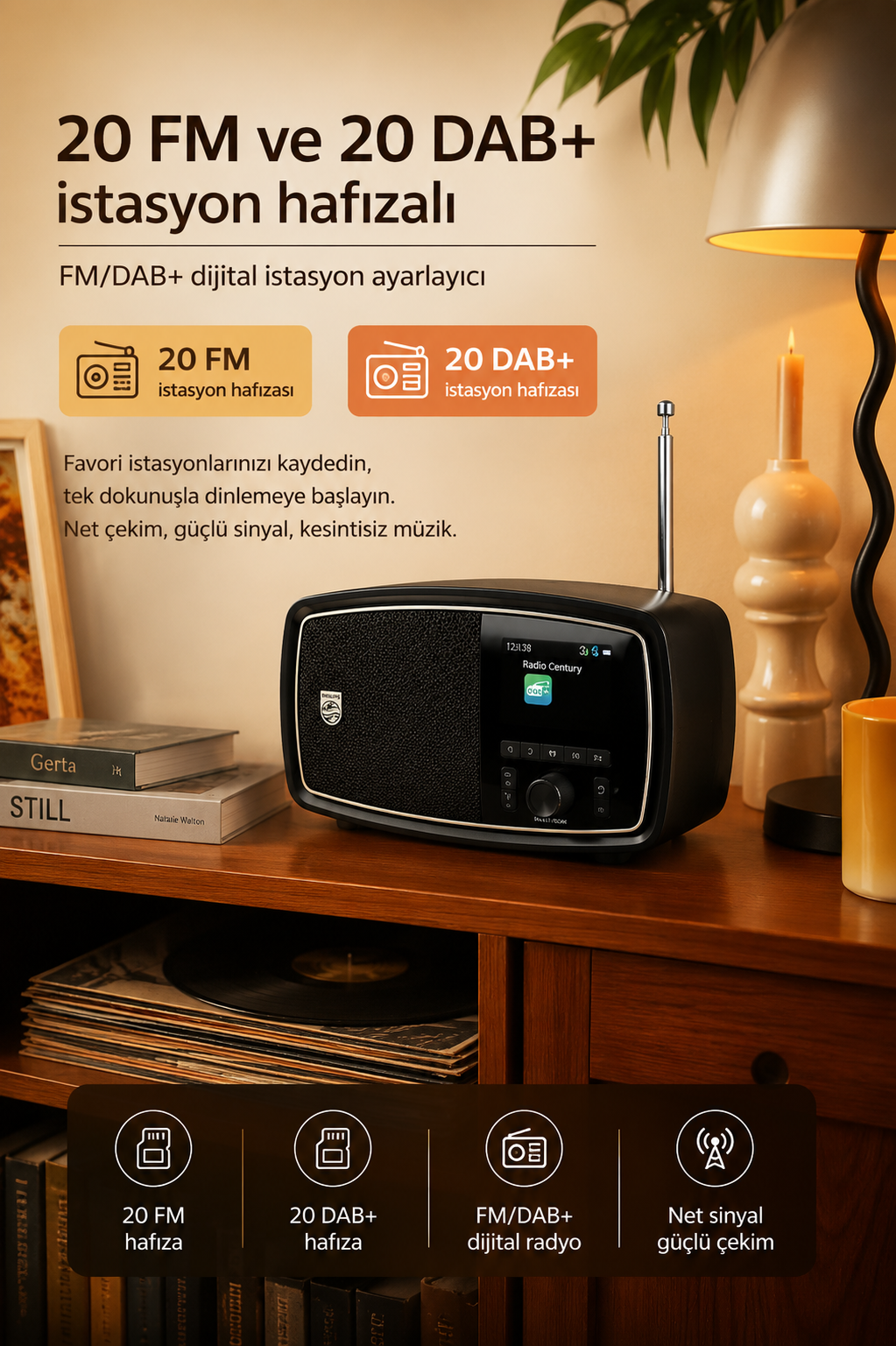 Dijital ekranlı siyah retro radyo ahşap bir dolap üzerinde duruyor.