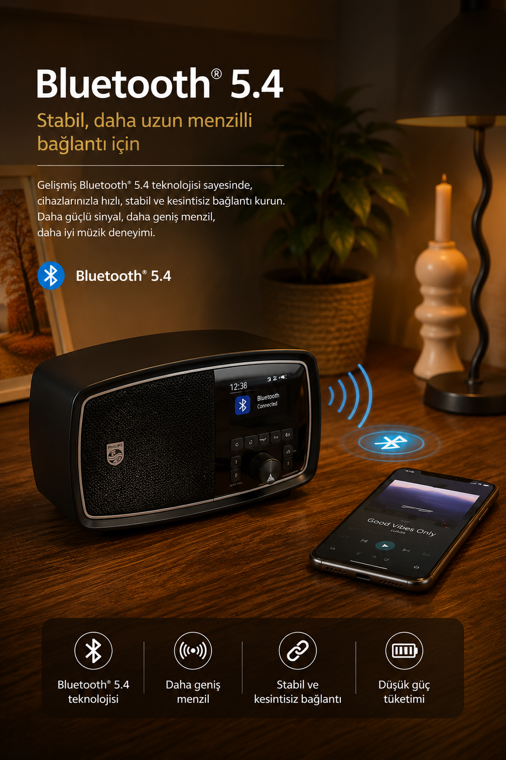 Müzik çalan telefonla siyah Bluetooth hoparlör. Bluetooth 5.4 hakkında metin.