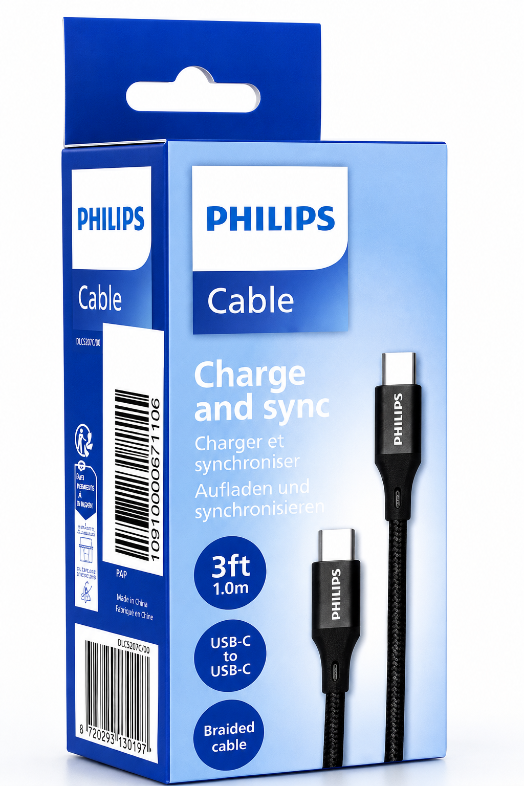Philips USB-C - USB-C kablo, 1.0m, örgülü, ambalaj üzerinde.
