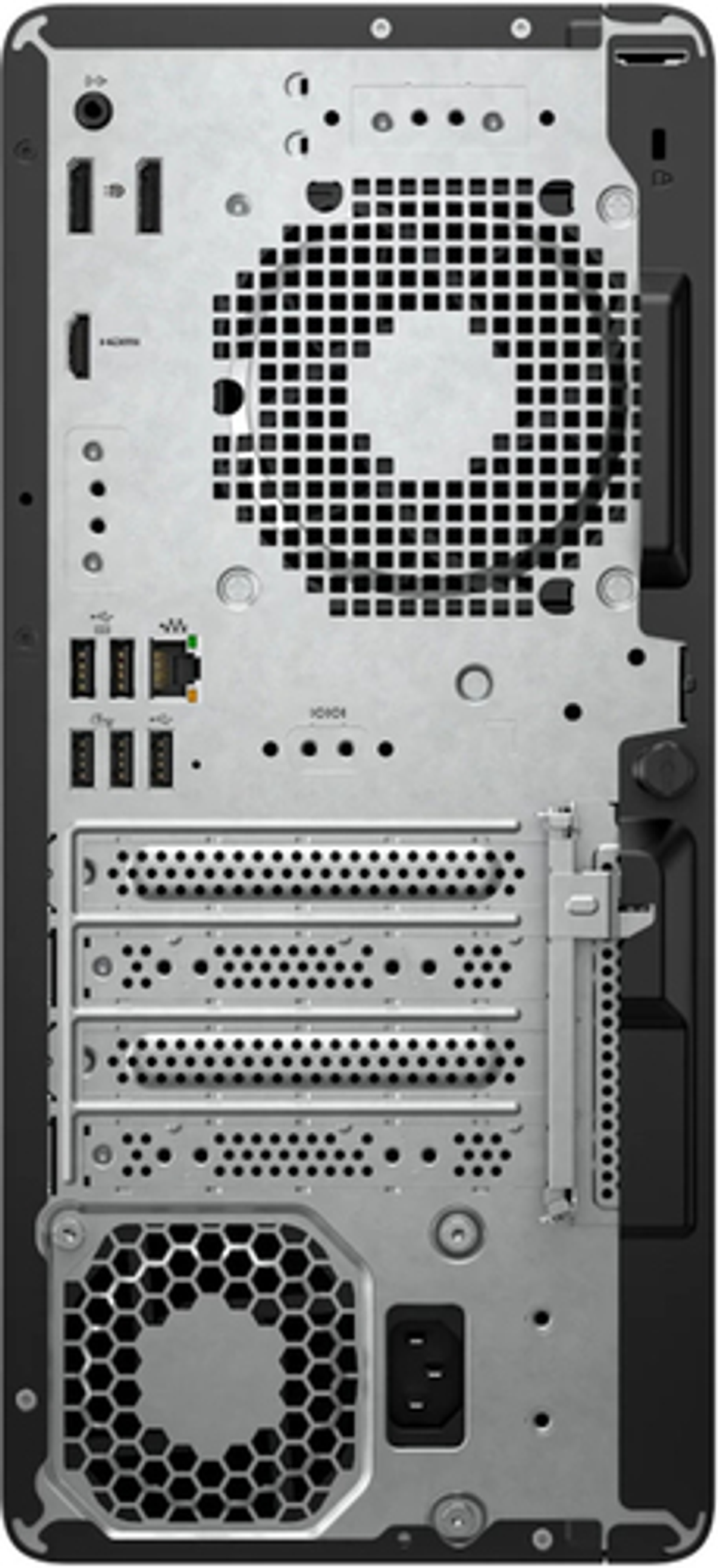 Vista posteriore di un PC con porte, ventole e slot di espansione.