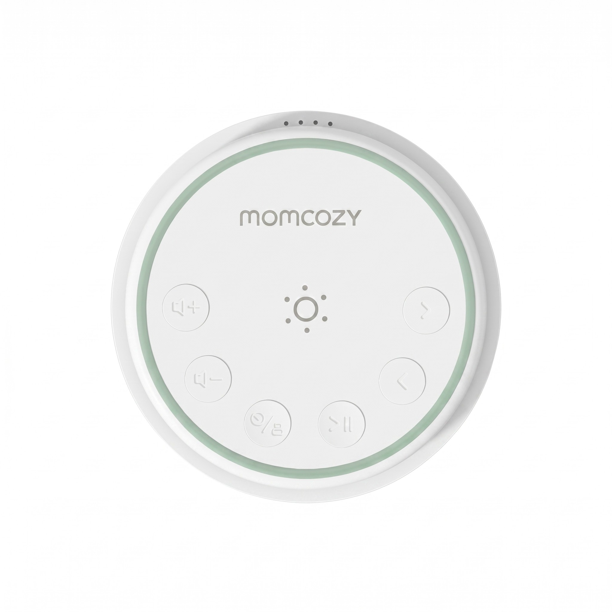 Een wit rond Momcozy-apparaat met diverse bedieningsknoppen, waaronder volume, nummer en aan/uit, op een witte achtergrond.