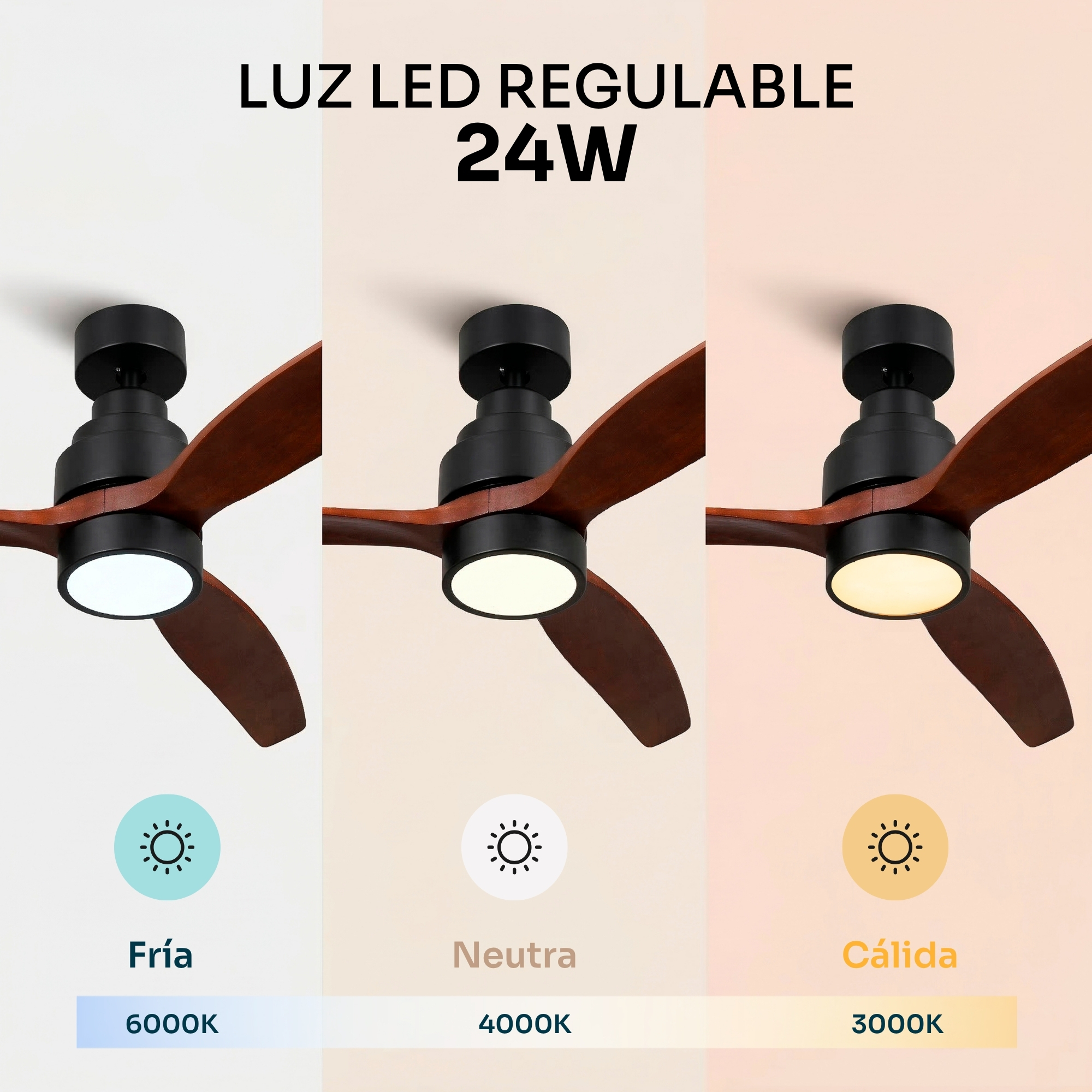 Ventilatore da soffitto con luce LED in tre temperature di colore: fredda, neutra, calda.