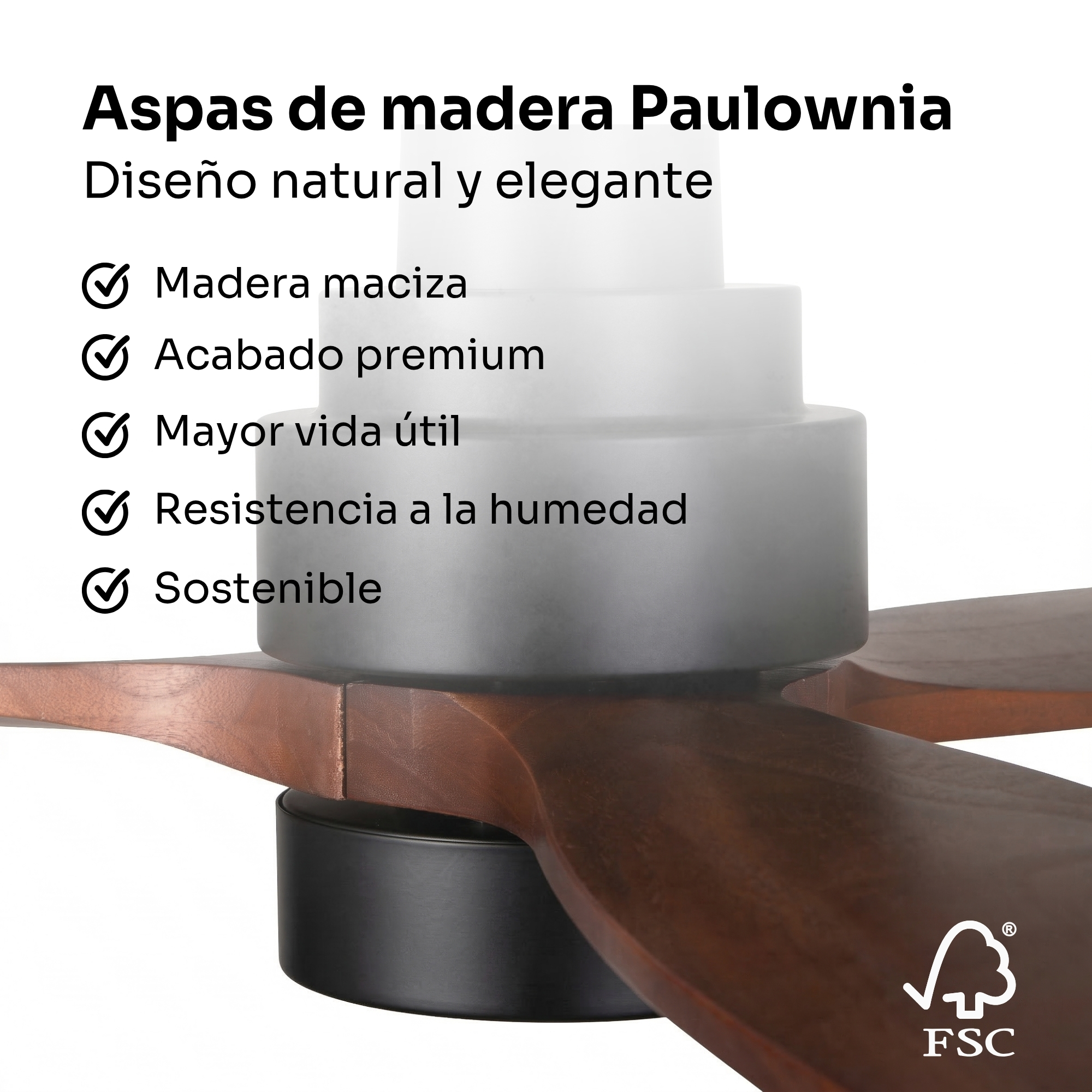 Primo piano di pale di ventilatore in legno di Paulownia, con logo FSC. Design naturale ed elegante.