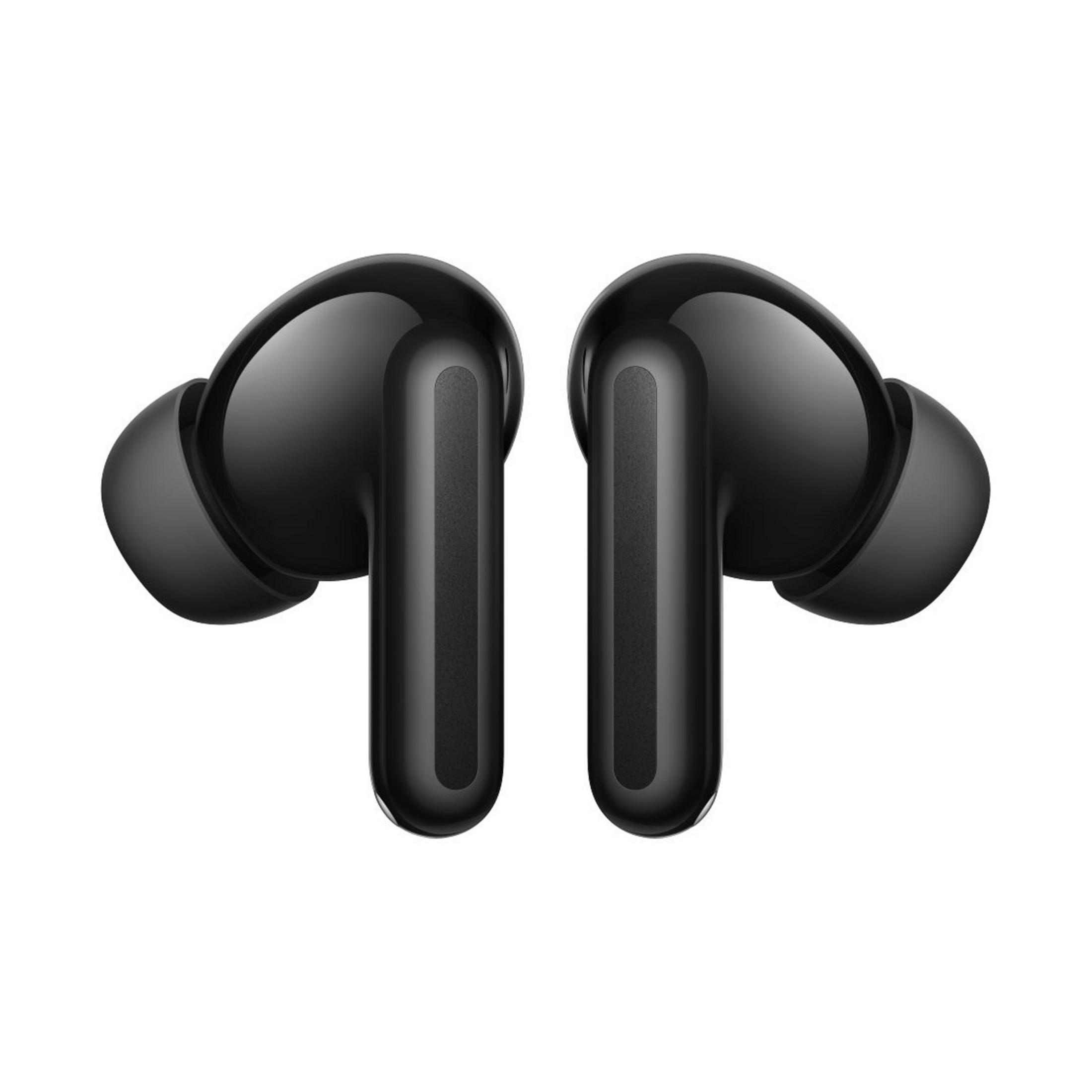 Dos auriculares inalámbricos negros brillantes, uno al lado del otro sobre fondo blanco.