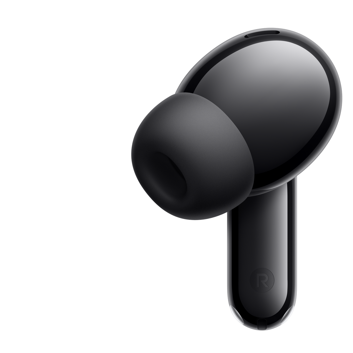 Un auricular inalámbrico negro con punta de goma y logo 'R' en el tallo.