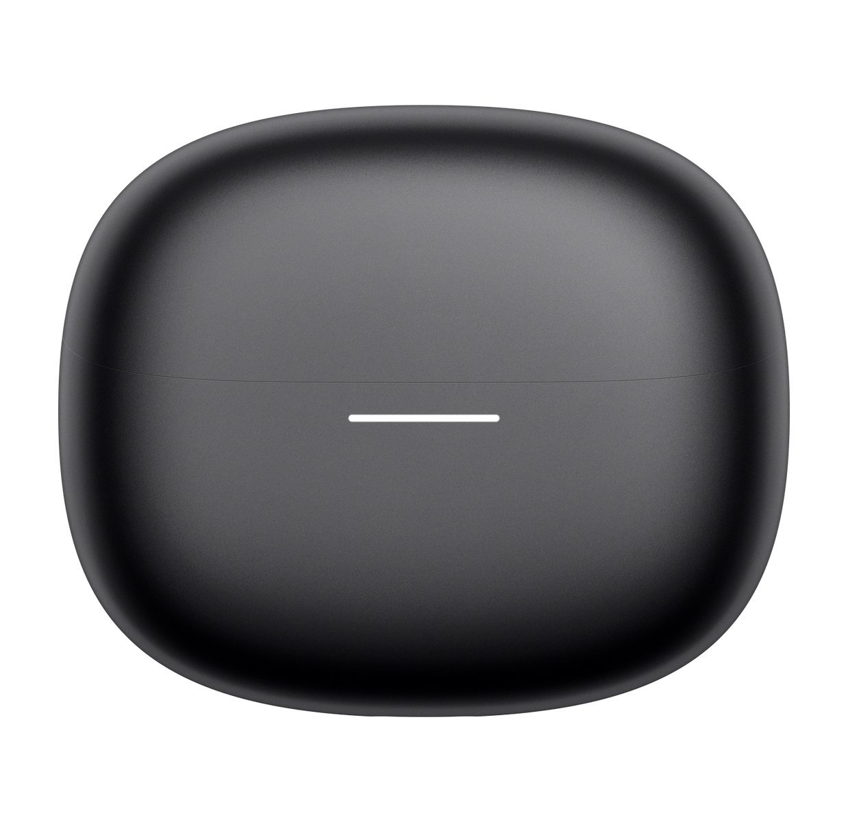 Primer plano de un estuche de carga de auriculares ovalado, negro mate, con una delgada luz indicadora blanca en la parte delantera.