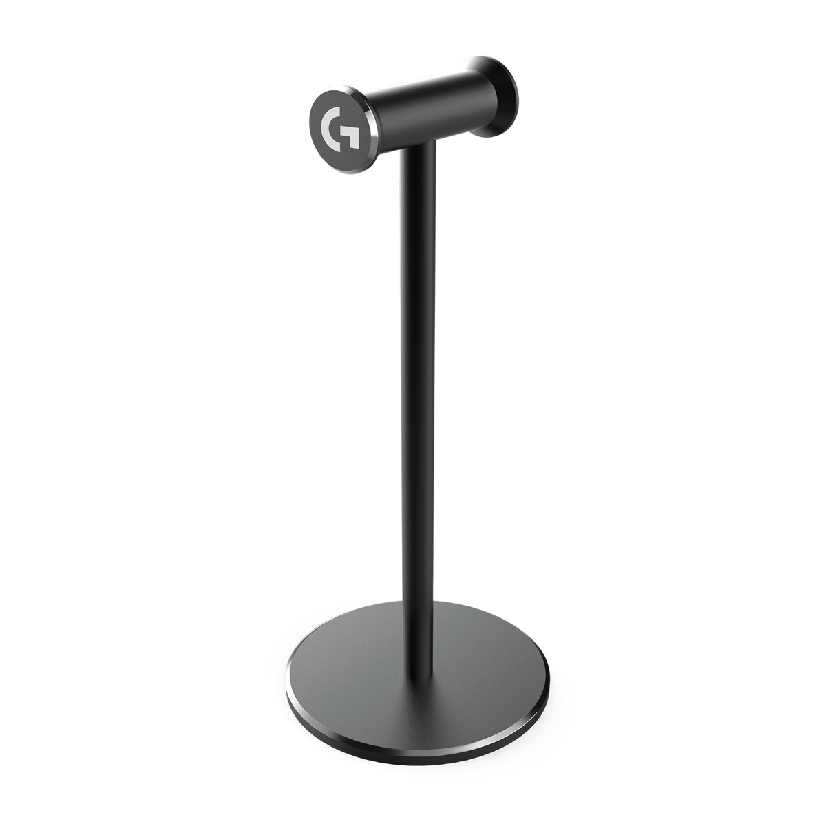 Un supporto nero per cuffie con base circolare e logo G.