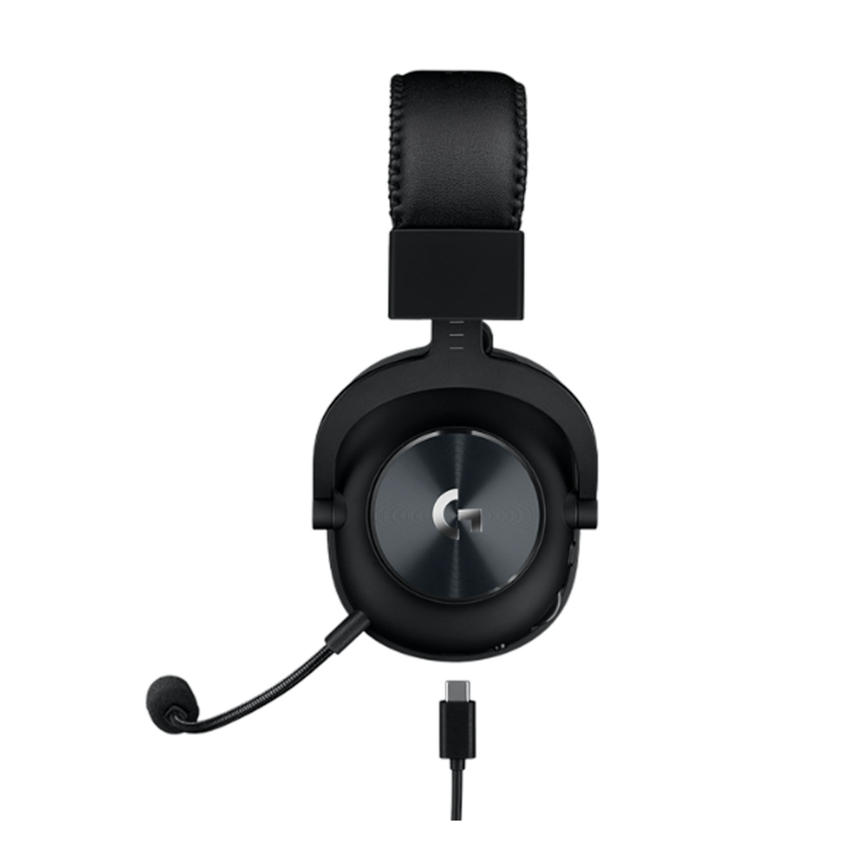 Cuffie da gaming nere con microfono e cavo USB-C su sfondo bianco.