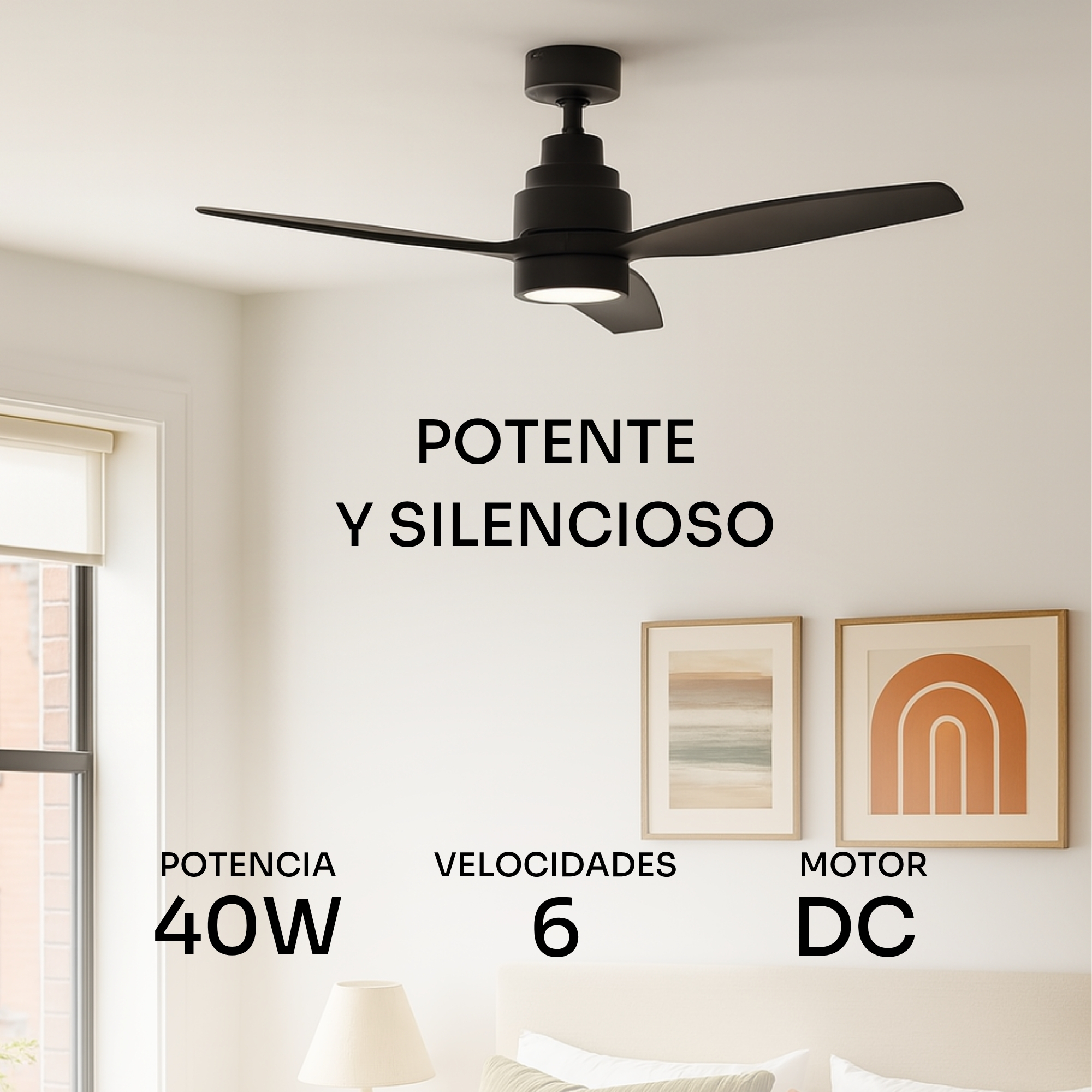 Ventilatore da soffitto nero con luce LED, 40W, 6 velocità, motore DC.