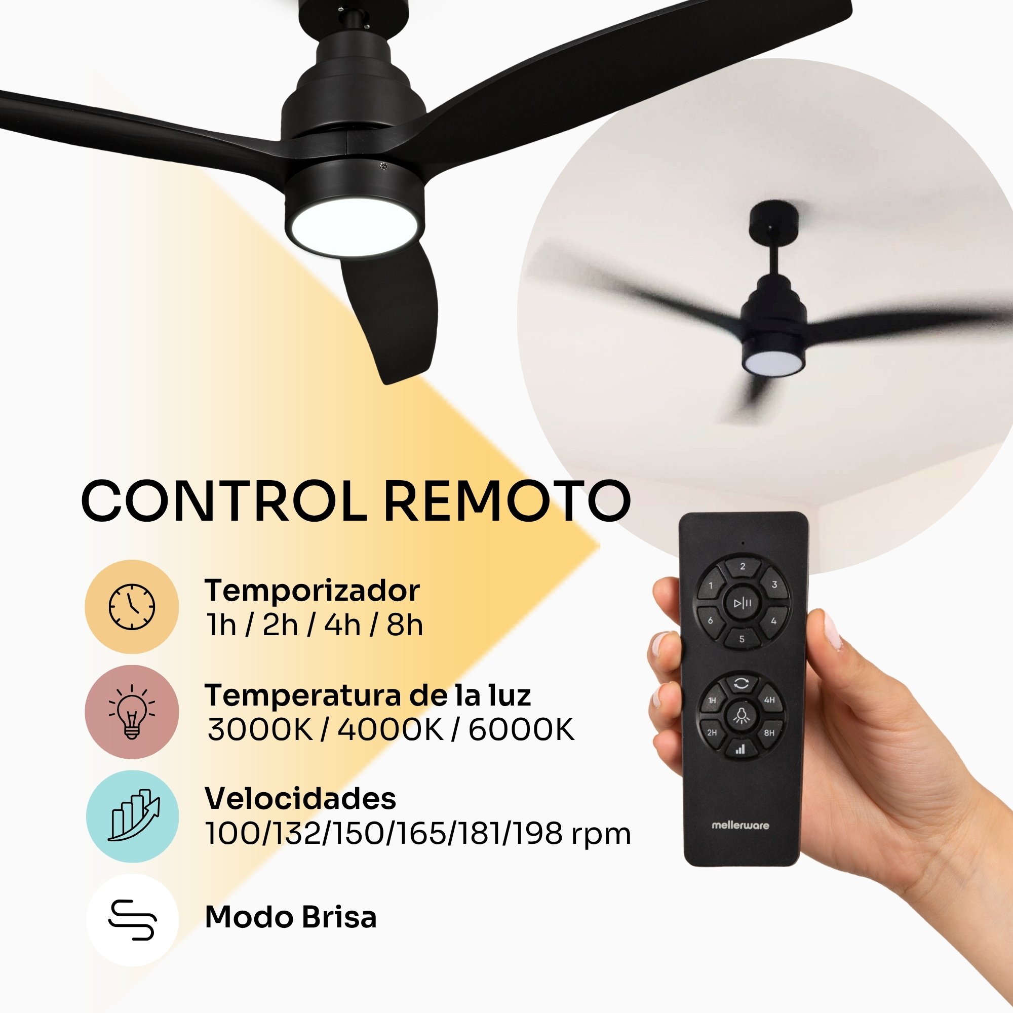 Ventilatore da soffitto nero con telecomando e luce. Timer, colore luce, velocità e modalità brezza.