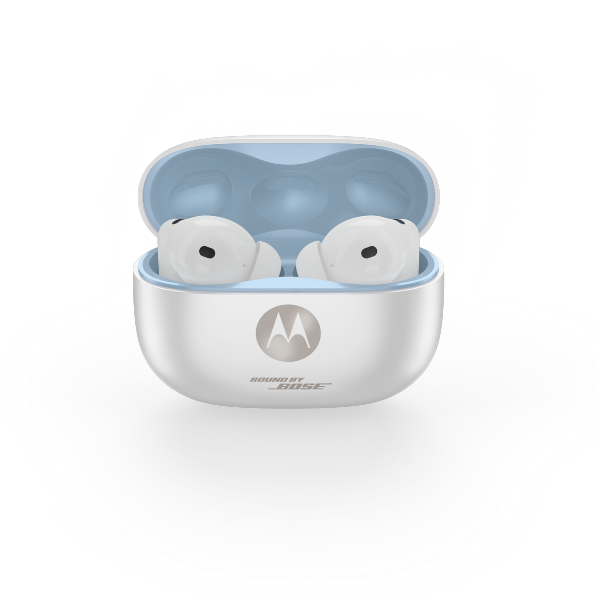 Auricolari Motorola bianchi con interno azzurro, con logo Motorola e scritta 'SOUND BY BOSE', mostrati aperti.