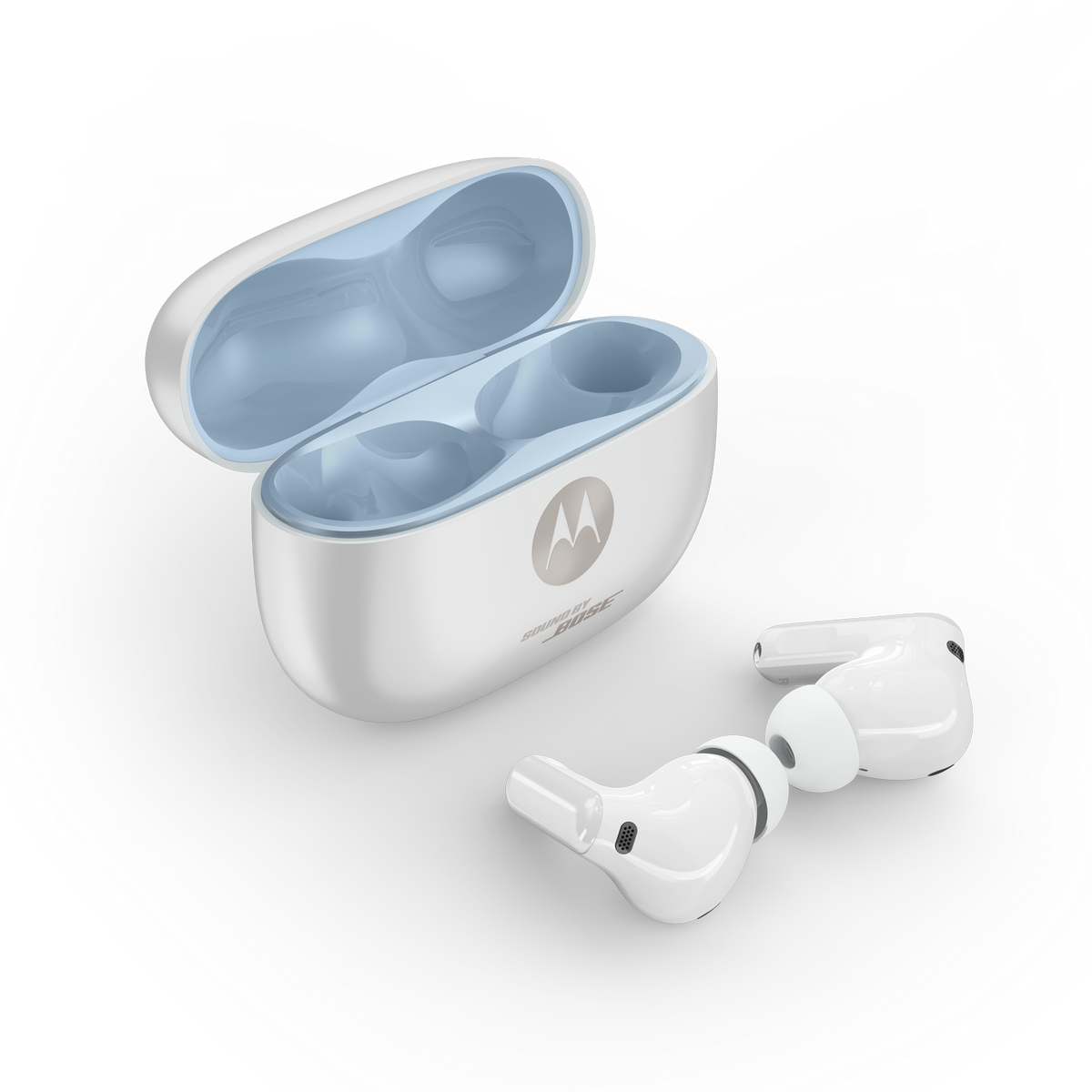 Auricolari Motorola bianchi con custodia di ricarica, interno azzurro.