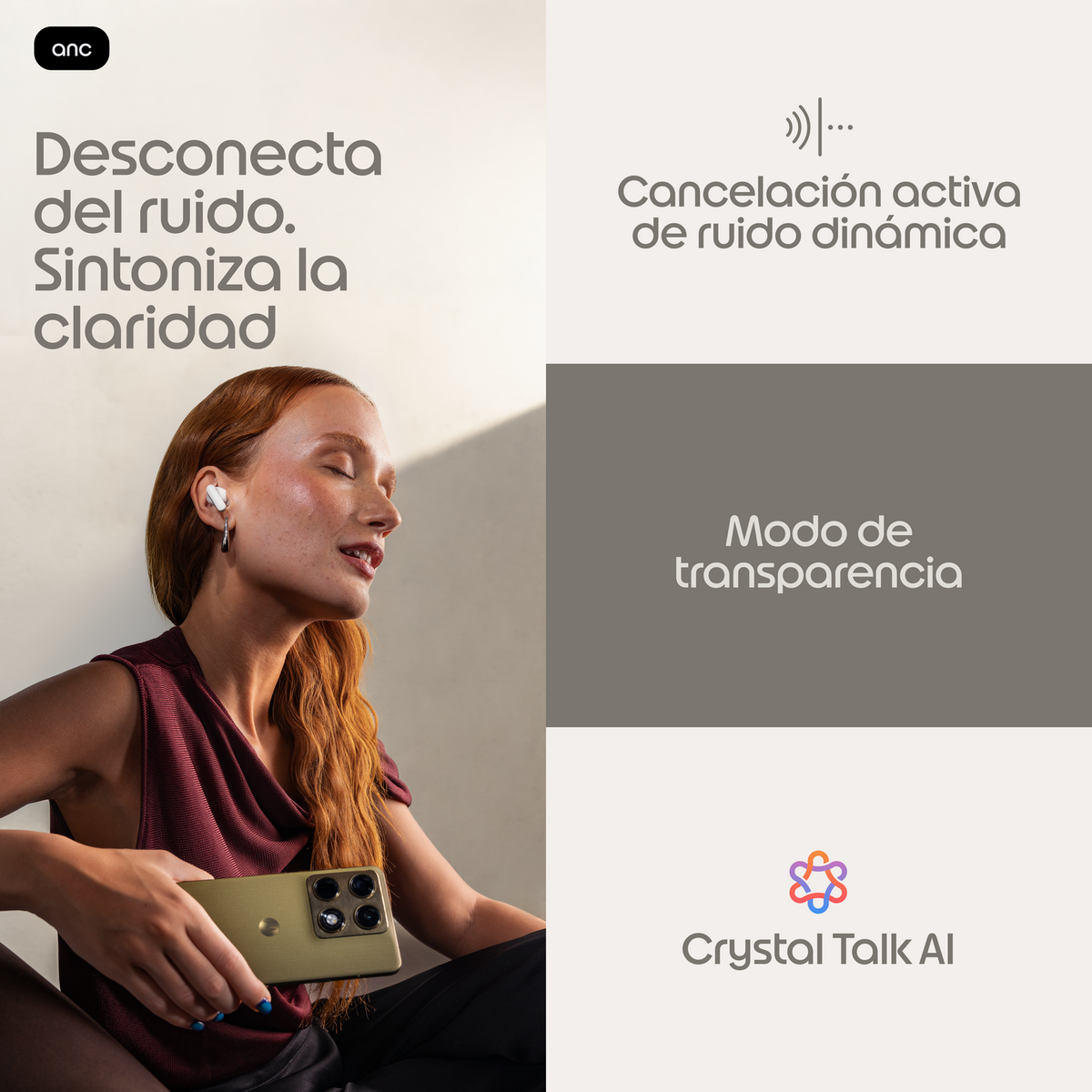 Donna con auricolari e telefono, cancellazione attiva del rumore e modalità trasparenza.