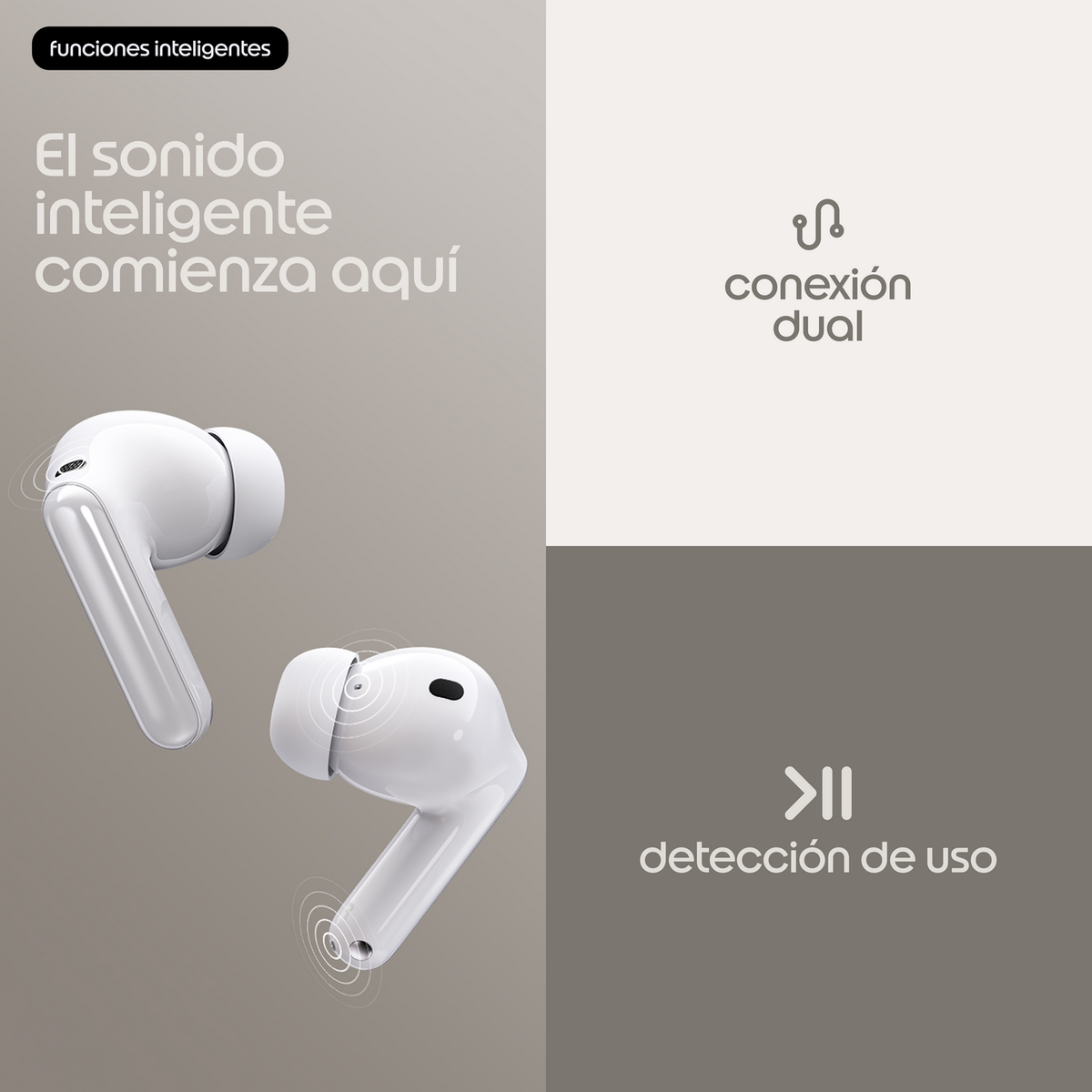 Auricolari bianchi con icone audio e connessione.