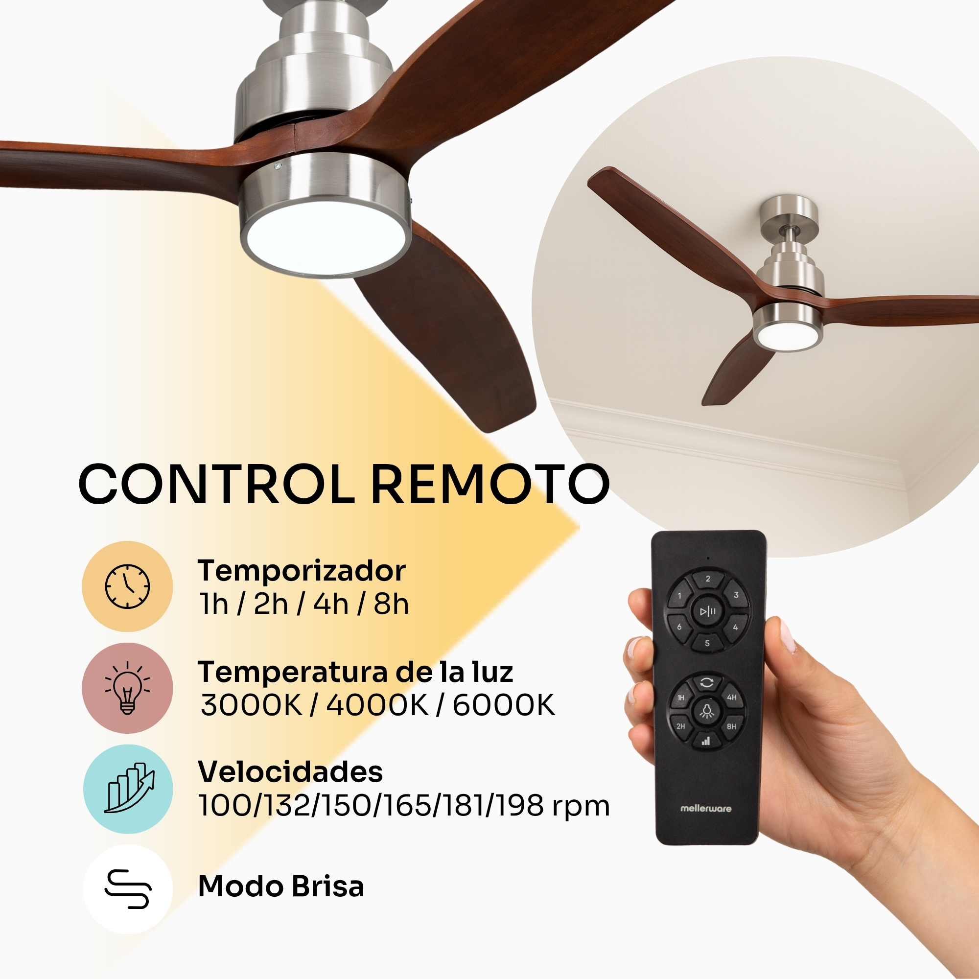 Ventilador de techo con mando a distancia, mostrando opciones de temporizador, luz y velocidad.