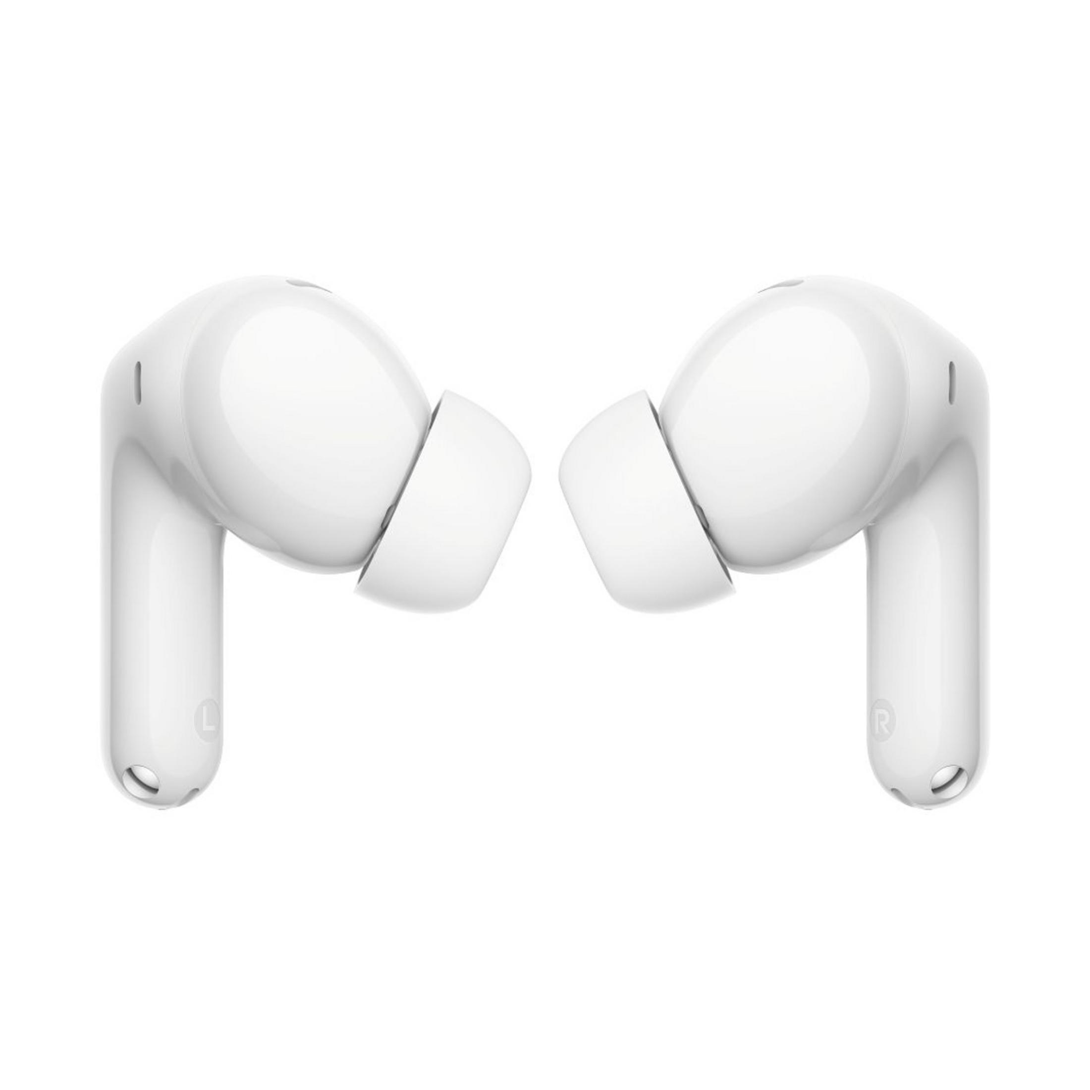 Un par de auriculares inalámbricos blancos con puntas de silicona, uno marcado con 'L' y el otro con 'R', se muestran sobre un fondo blanco.