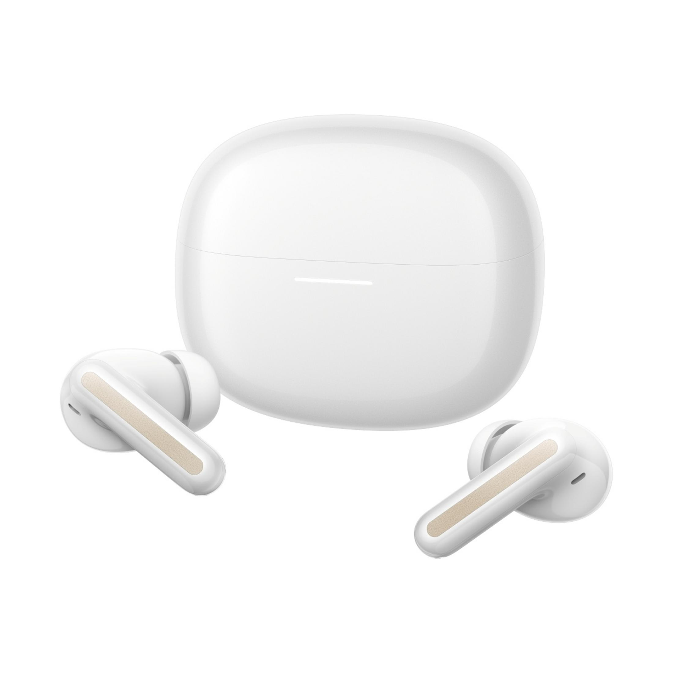Auriculares blancos con estuche de carga y detalles dorados sobre fondo blanco.