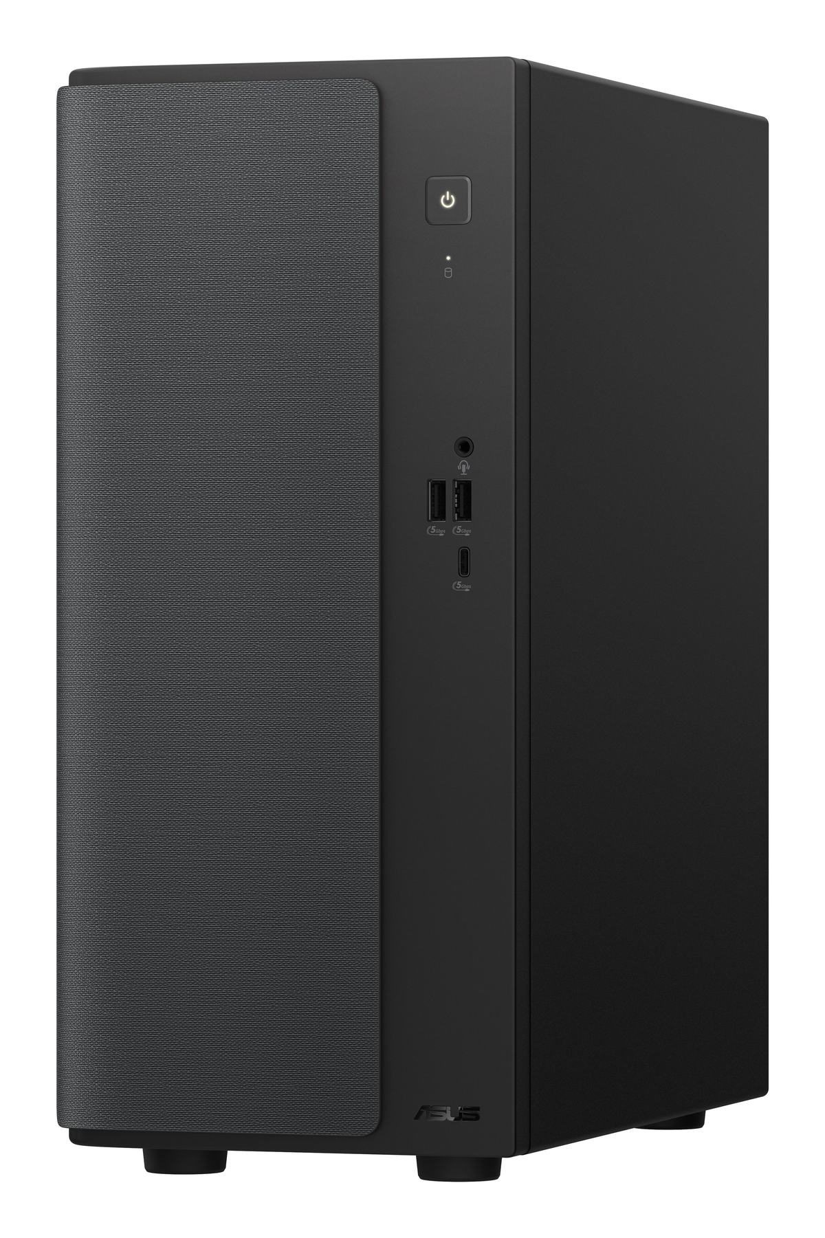 Case PC Asus nero con frontale in tessuto, pulsante di accensione e porte USB.