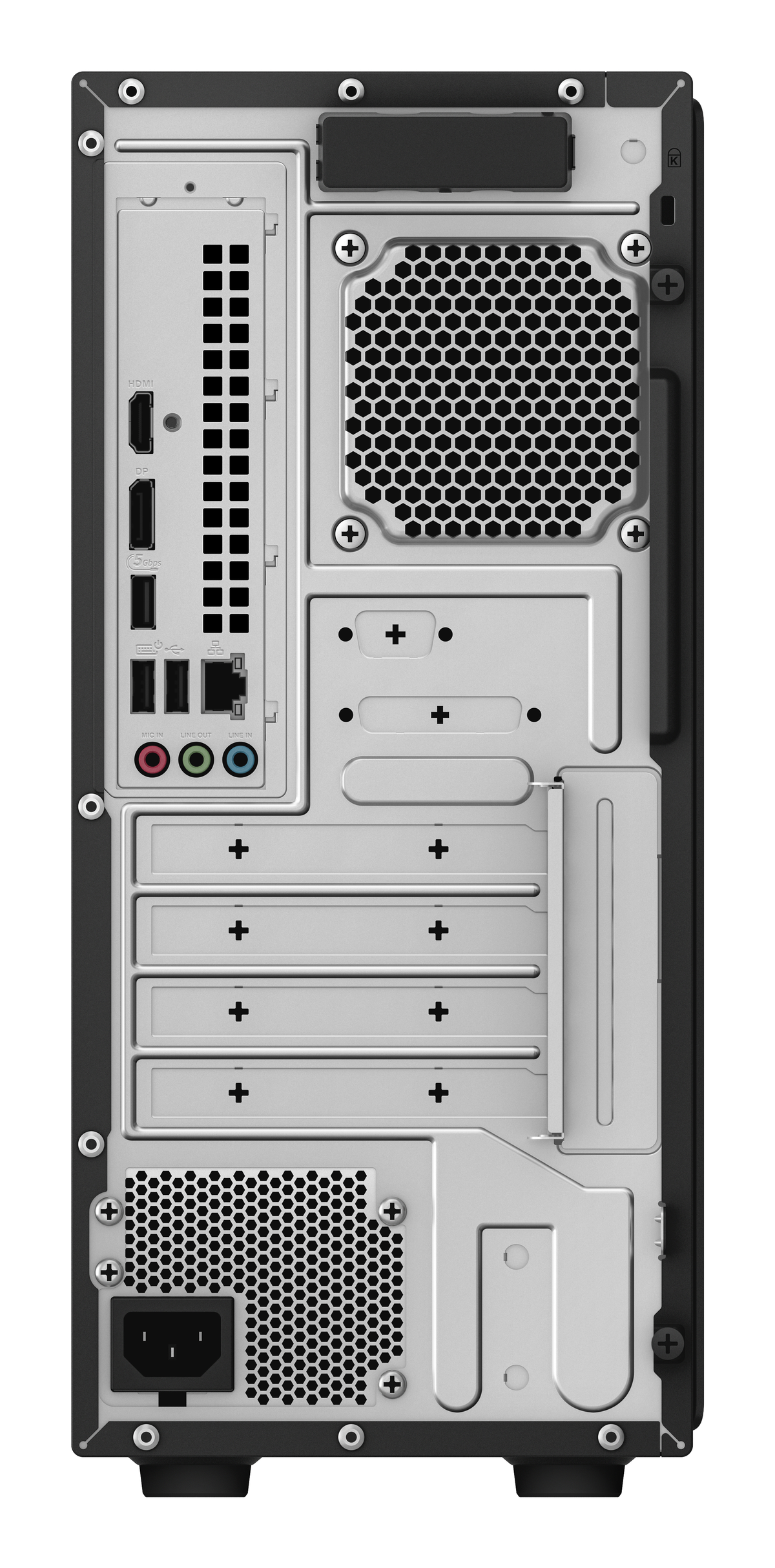Vista posteriore di una tower per computer con porte: HDMI, DP, USB, audio, Ethernet e alimentazione.