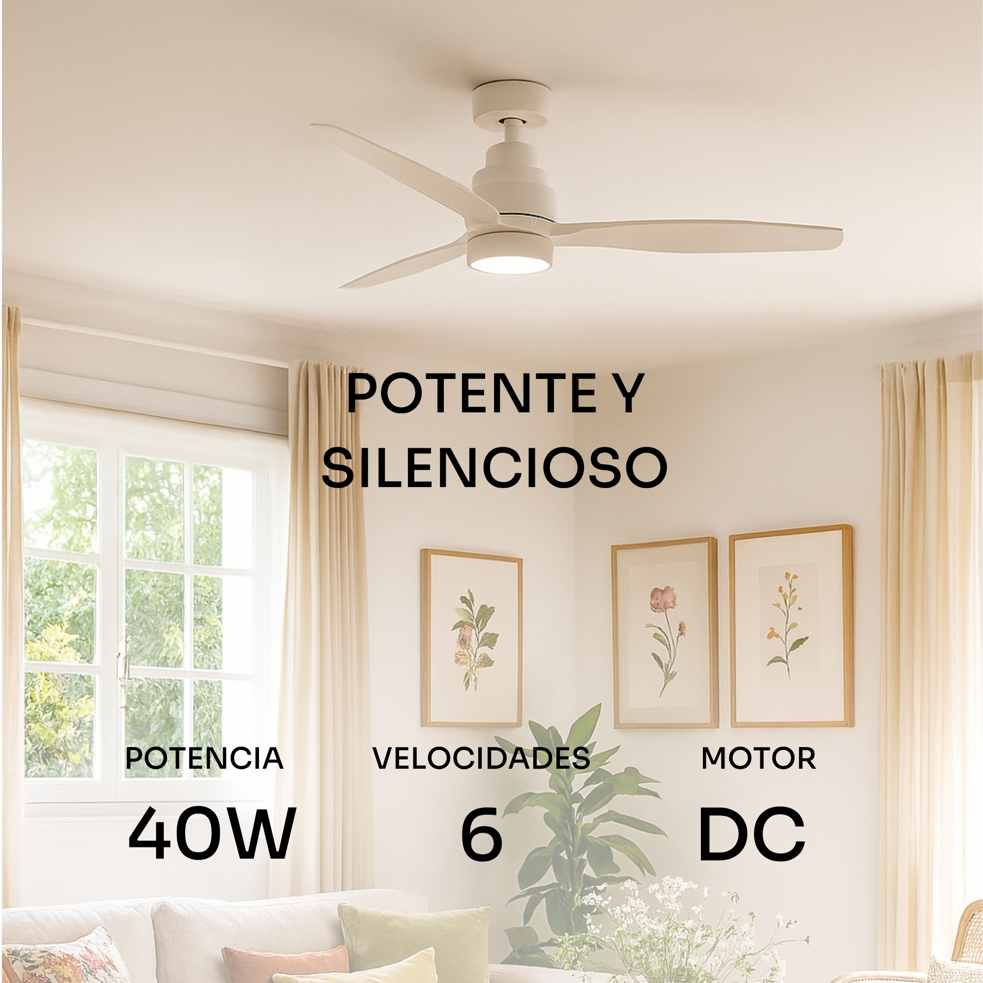 Ventilador de techo blanco de 3 aspas, luz, 40W, 6 velocidades, motor DC.