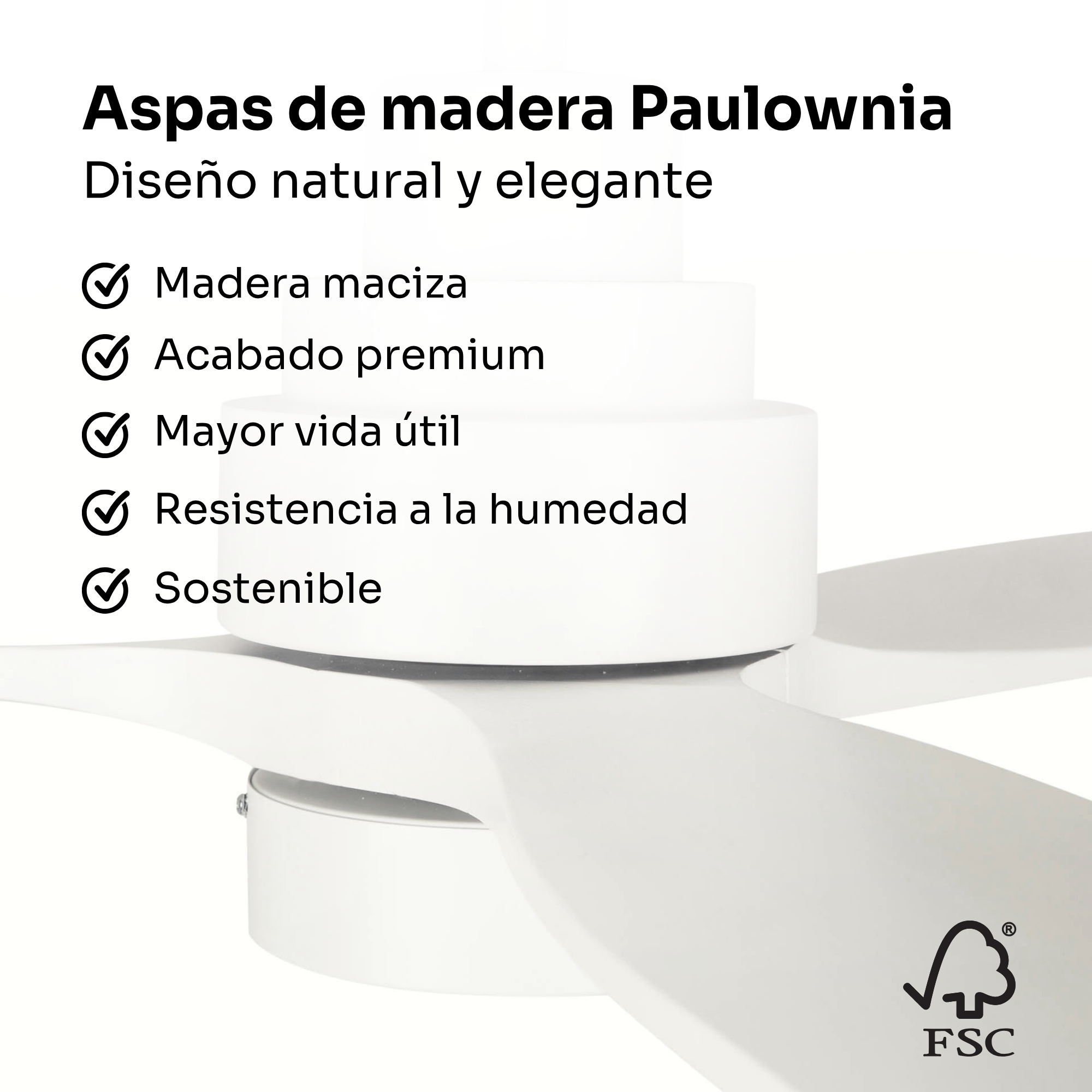 Aspas blancas de madera Paulownia con logo FSC. Lista de características.