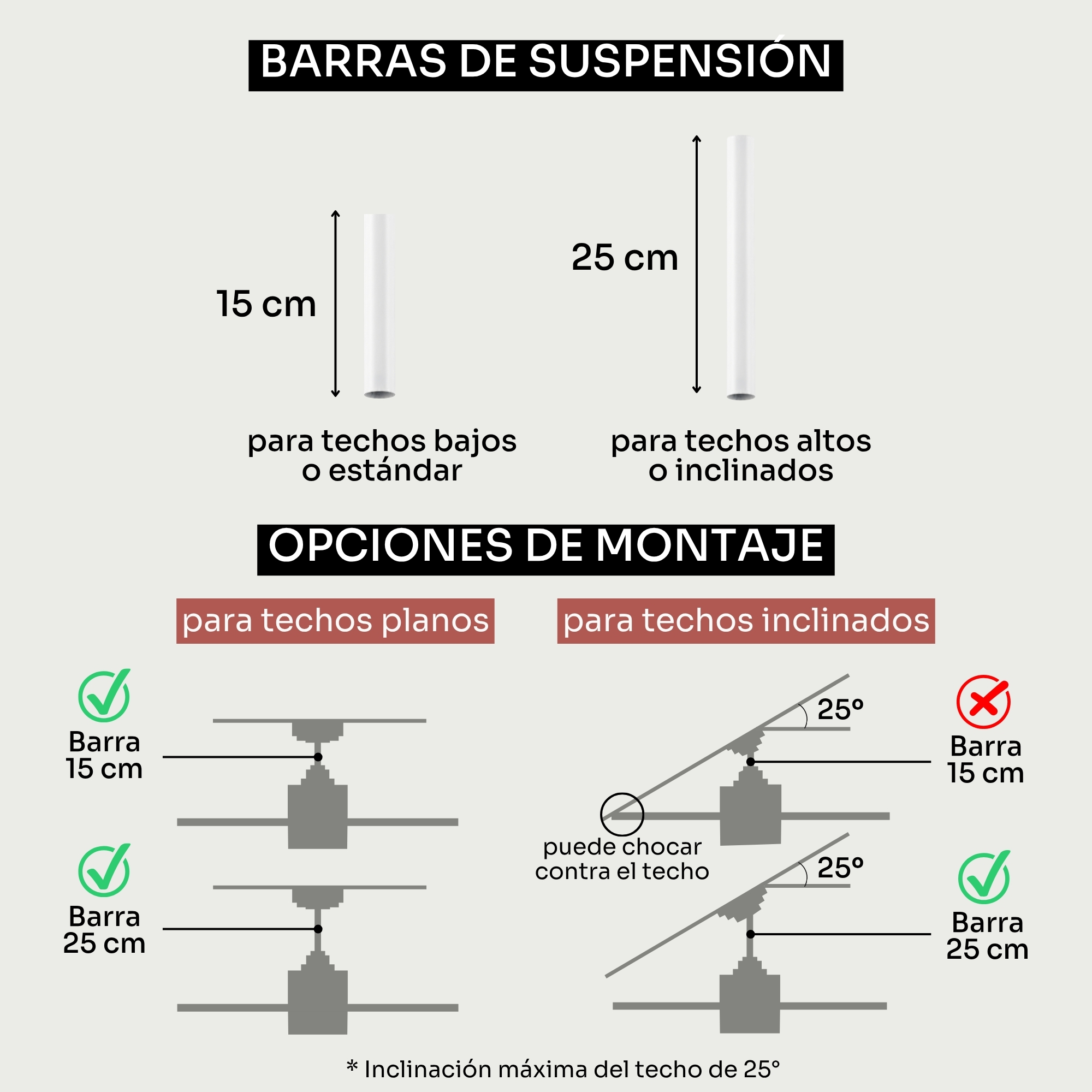 Ilustración muestra barras de suspensión de 15 cm y 25 cm y opciones de montaje.