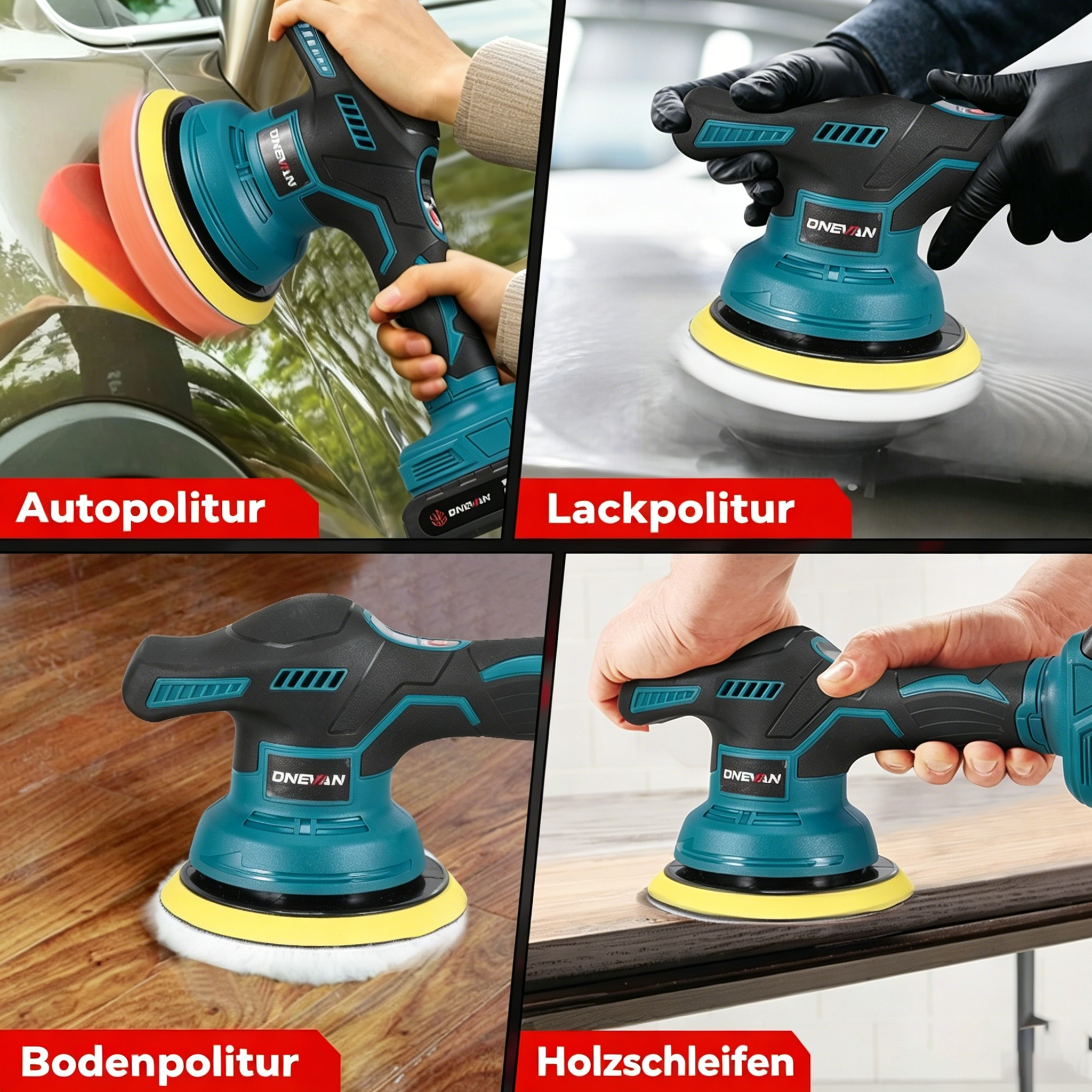 Ein viertafeliges Bild, das eine schwarze und blaugrüne Orbitalpoliermaschine zeigt, die zum Polieren von Autos, Lacken, Böden und Holz verwendet wird.