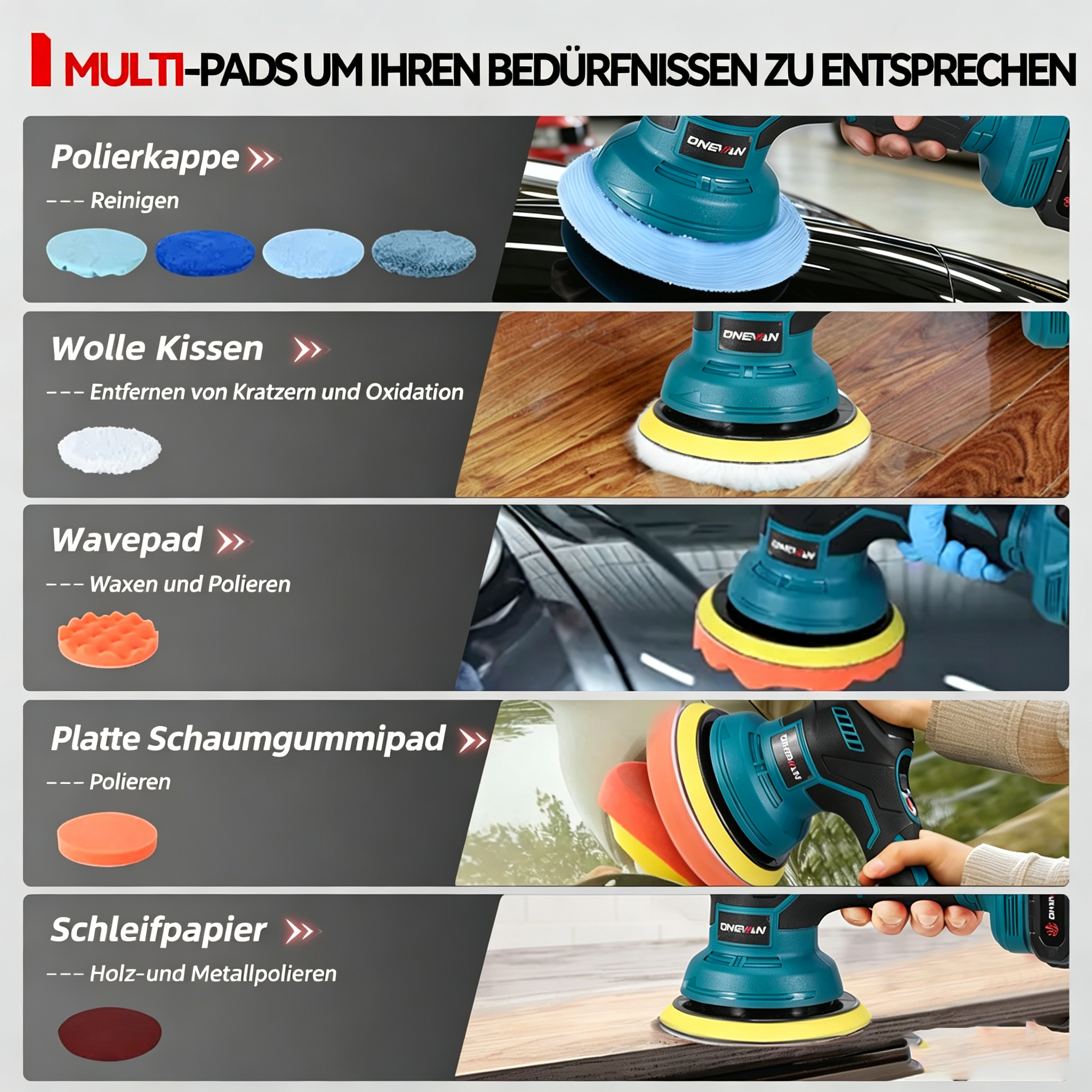 Mehrere Polierpads für verschiedene Zwecke: Reinigen, Entfetten, Wachsen, Polieren.