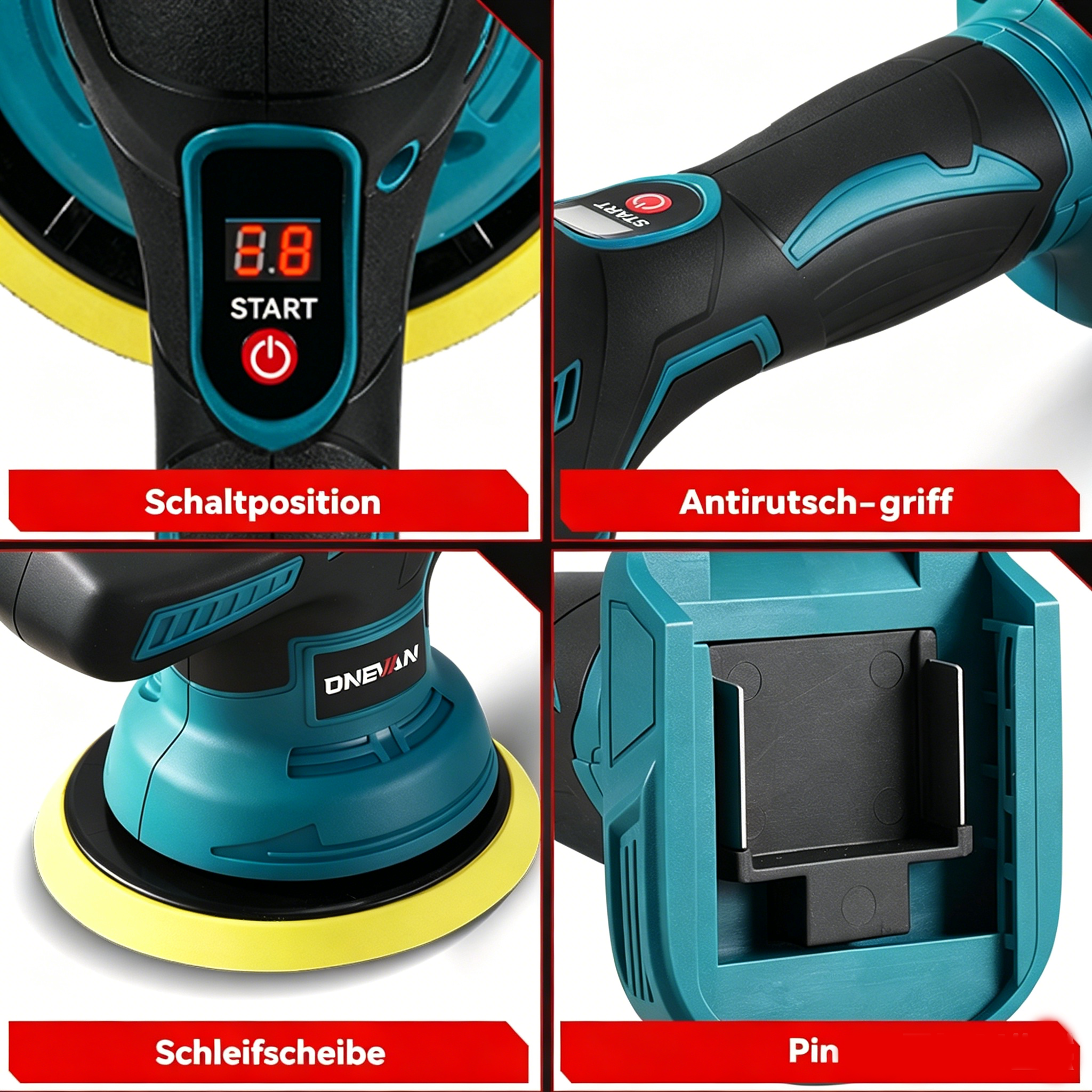 Vier Aufnahmen eines polierers: Schalter, Griff, Schleifscheibe und Halterung.
