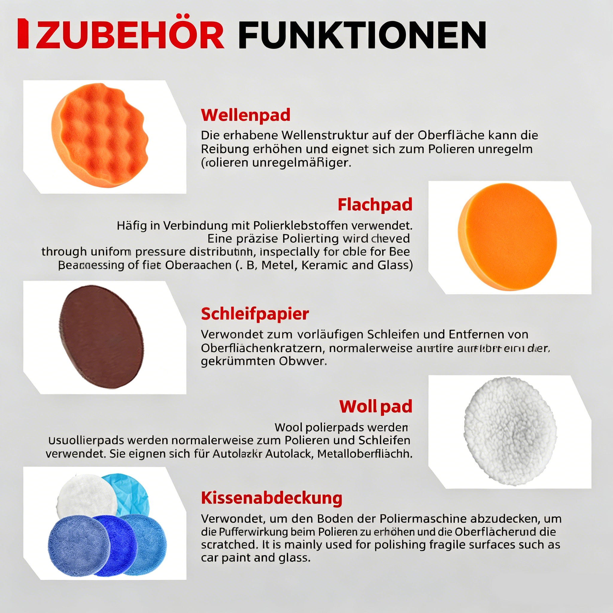 Verschiedene Polierpads: Wellenpad, Flachpad, Schleifpapier, Wollpad, Kissenabdeckung.