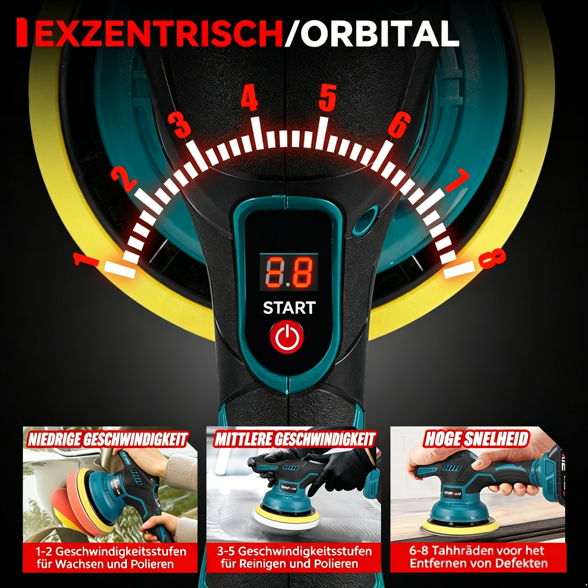 Exzenterschleifer mit Geschwindigkeitsanzeige und drei Anwendungsbeispielen.