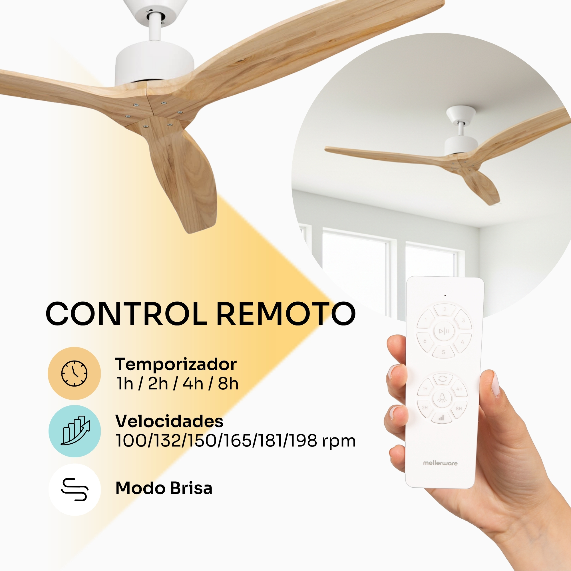 Ventilador de techo con aspas de madera y mando a distancia, muestra temporizador y velocidades.