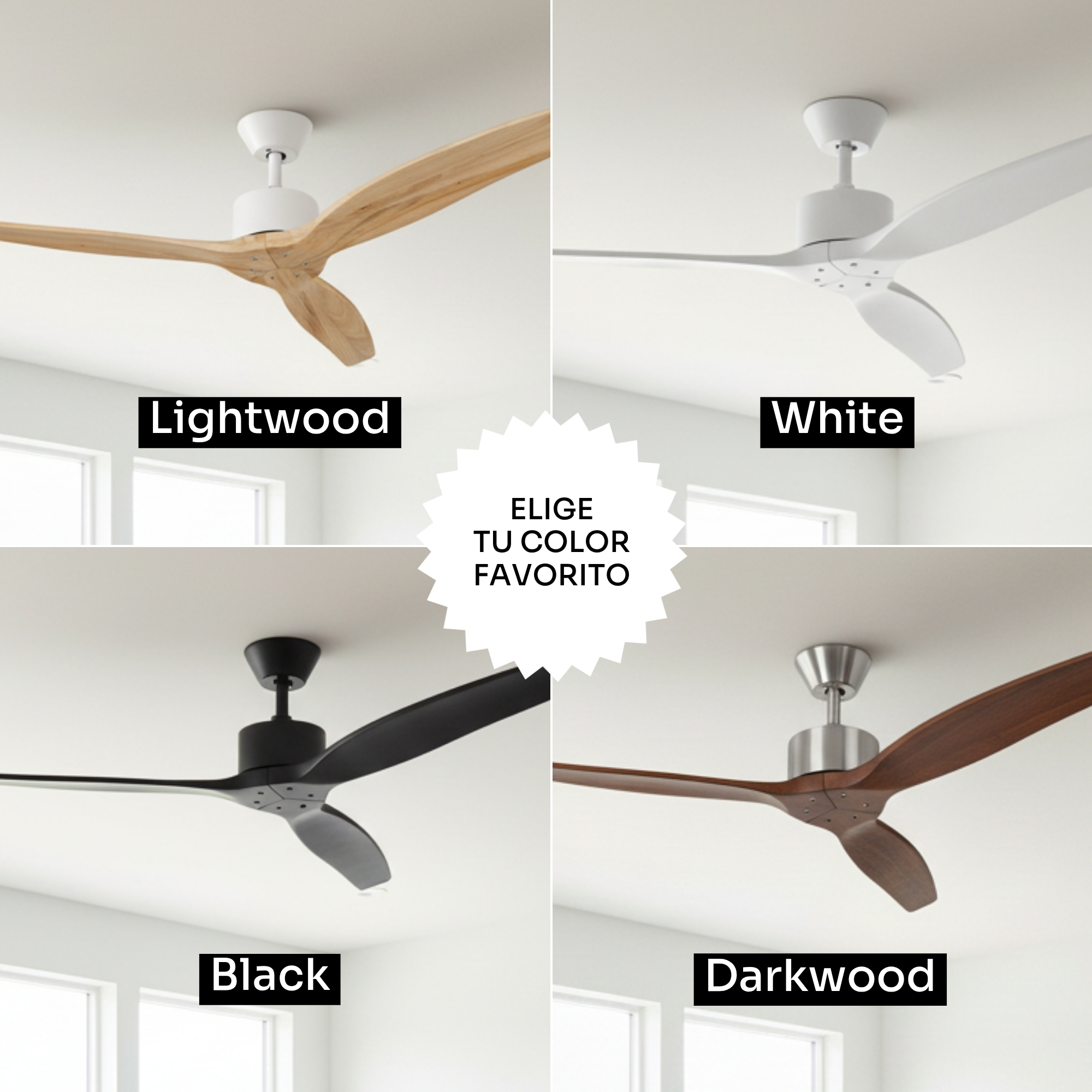 Cuatro ventiladores de techo: Madera clara, Blanco, Negro y Madera oscura.