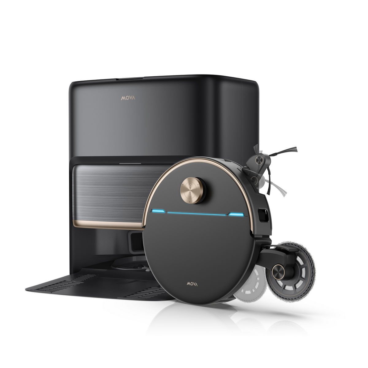 Un robot aspirador MOVA negro con base de carga. El aspirador tiene detalles dorados y tiras de luz azul.