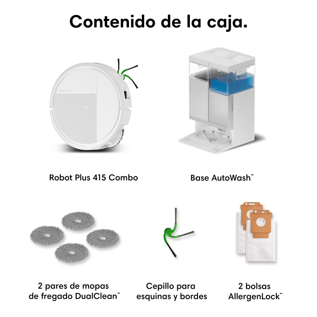 Un robot aspirapolvere bianco, una base AutoWash, quattro panni per mocio grigi, una spazzola verde e nera e due sacchetti antiallergenici.