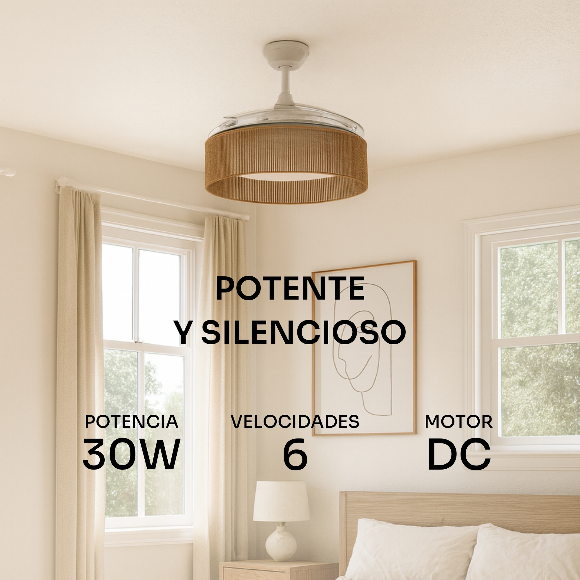 Ventilador de techo con luz, 30W, 6 velocidades, motor DC.