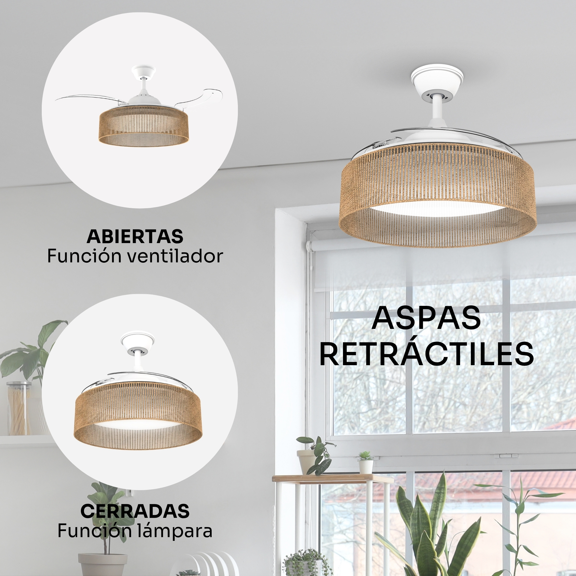 Ventilador de techo con aspas retráctiles y pantalla tejida.