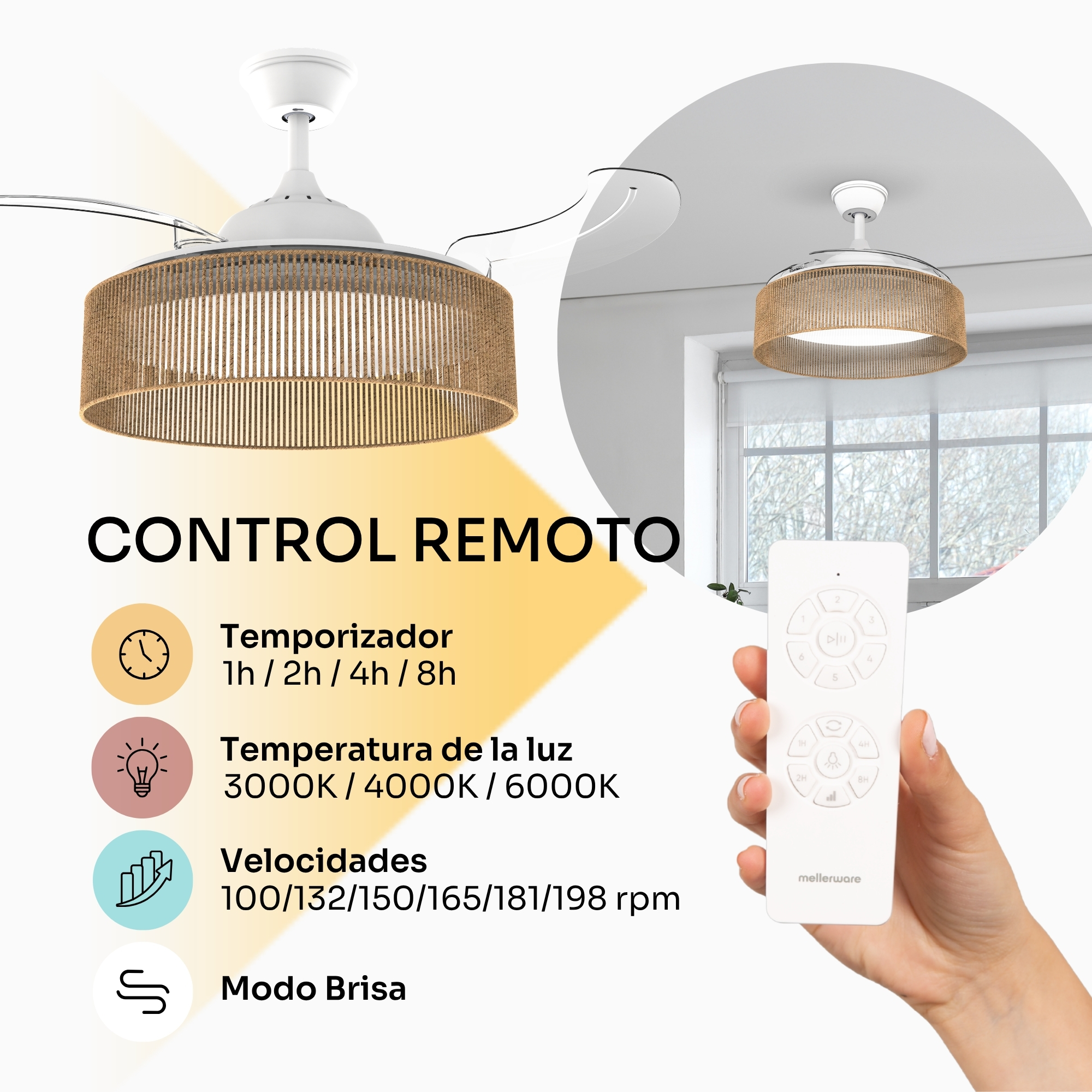 Ventilador de techo con lámpara y mando a distancia mostrando temporizador, luz y velocidad.