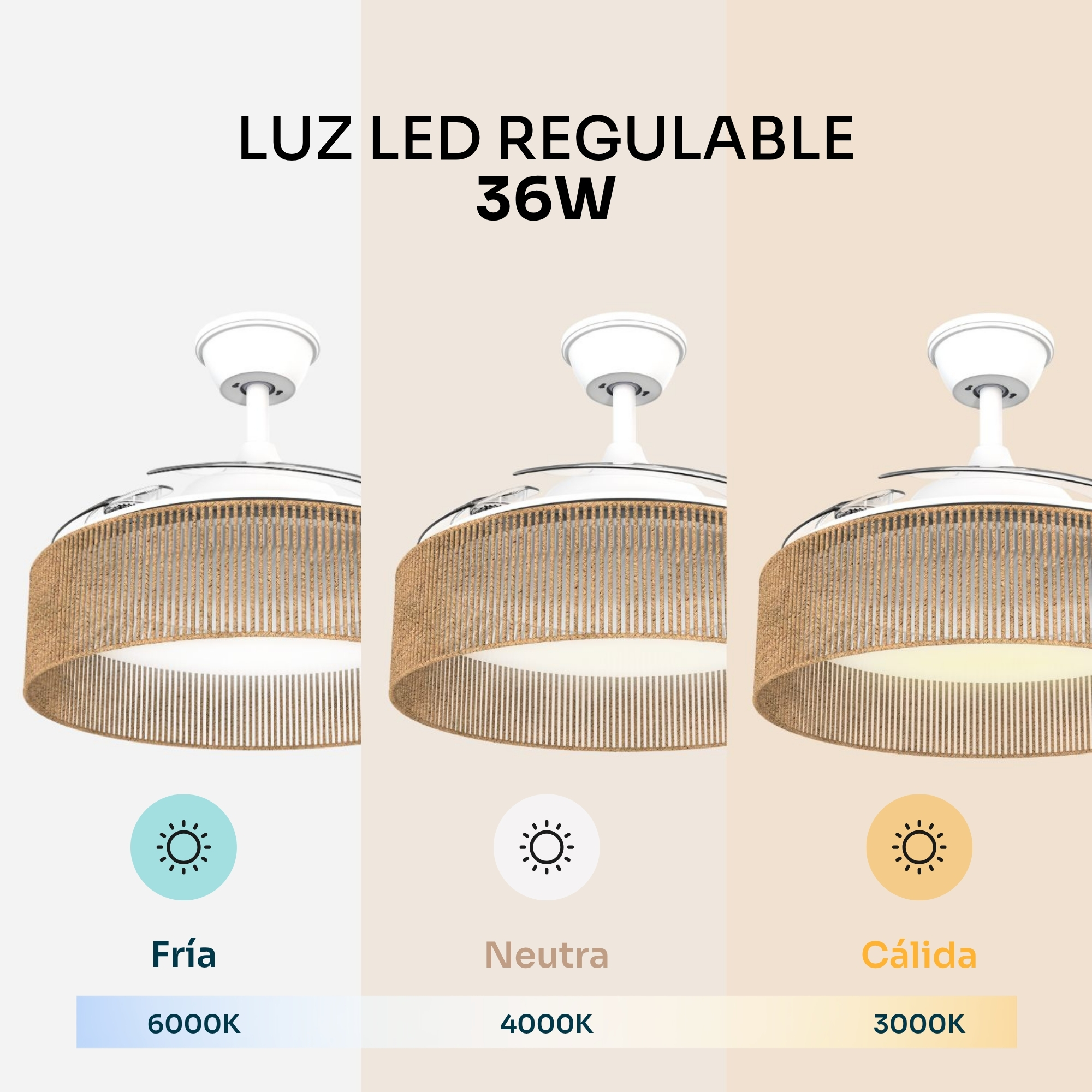Ventilador de techo con luz LED en tres temperaturas de color: fría, neutra y cálida.