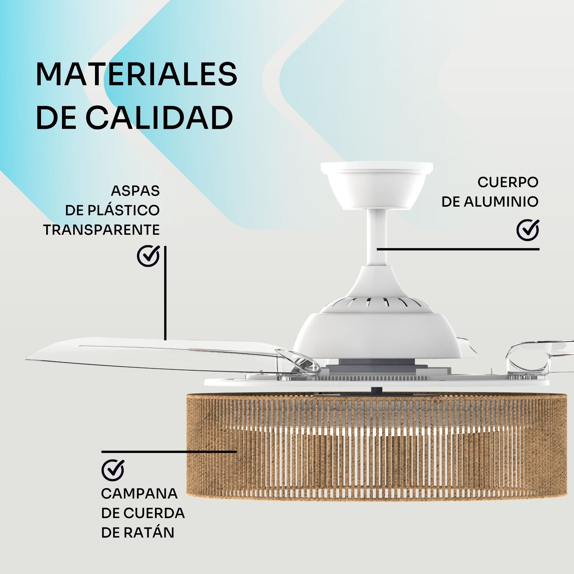 Un primer plano de un ventilador de techo blanco con aspas de plástico transparente y cuerpo de aluminio.