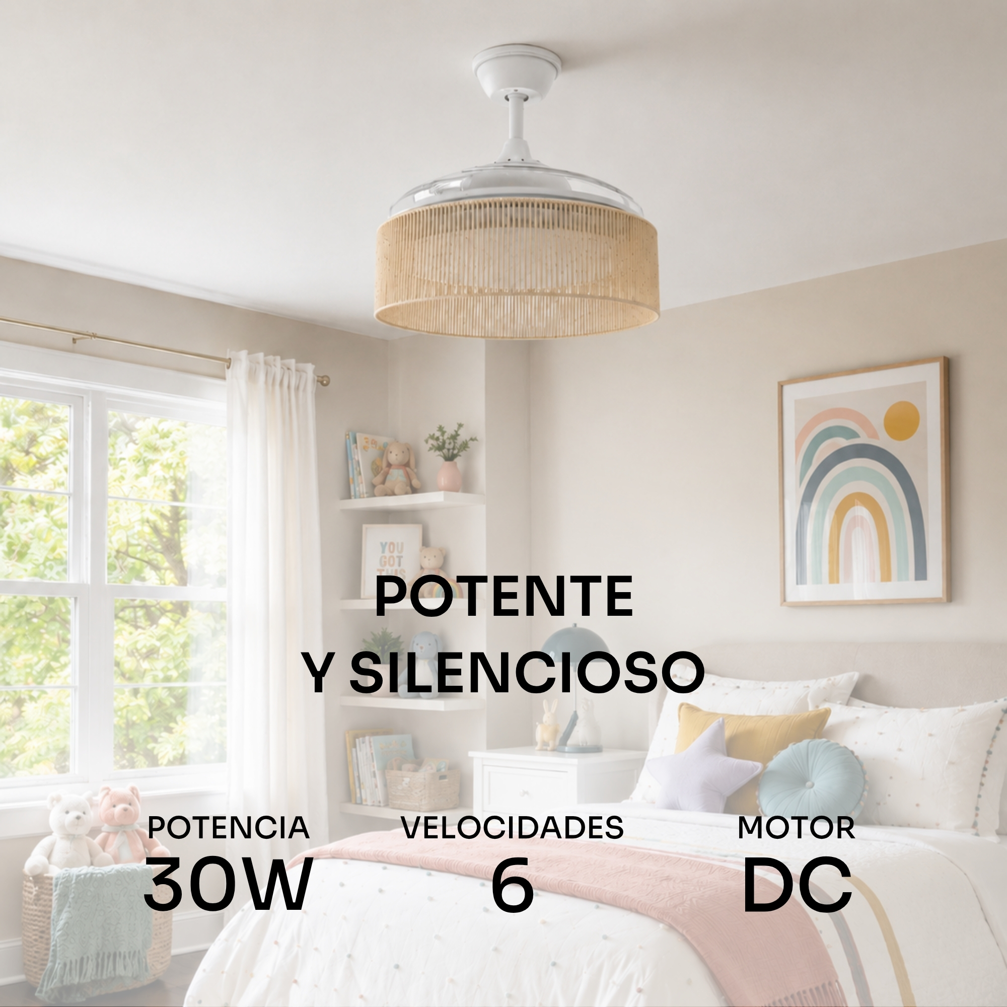 Ventilador de techo con cesta de ratán: 30W, 6 vel., motor CC.