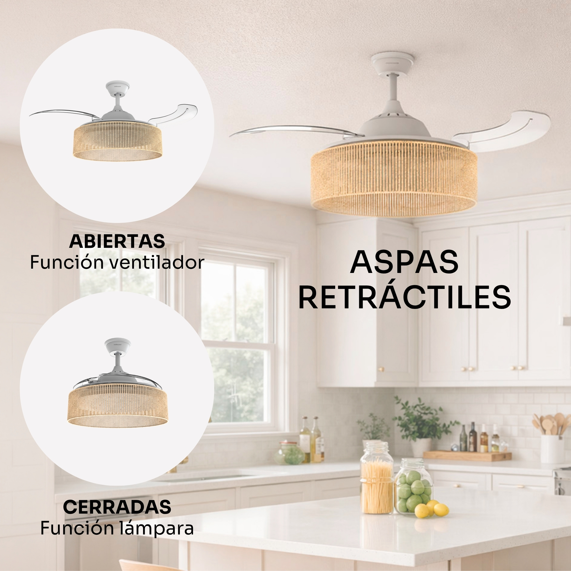 Ventilador de techo retráctil con luz en cocina. Muestra modos ventilador y lámpara.