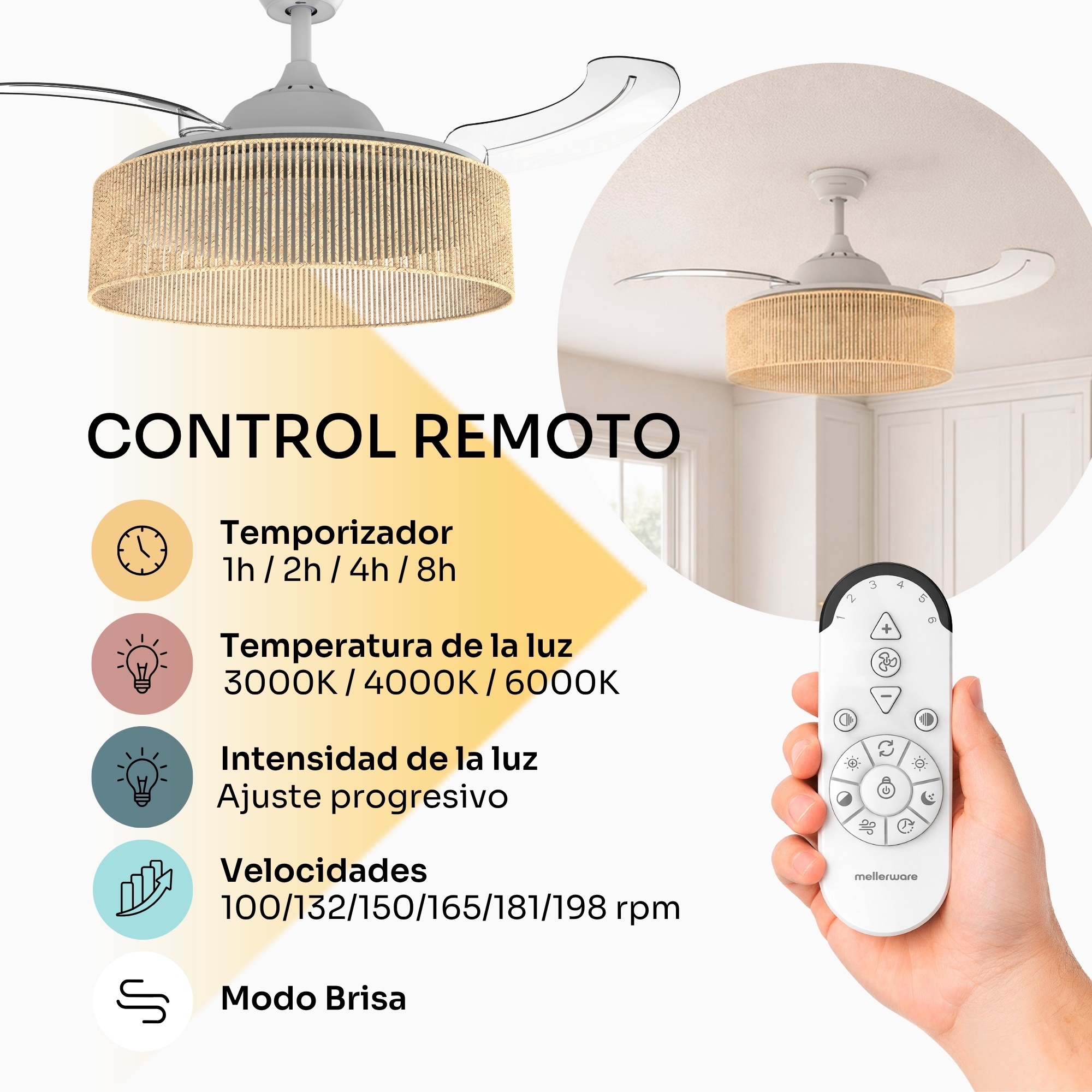 Ventilador de techo con luz y control remoto, muestra temporizador, luz y velocidad.