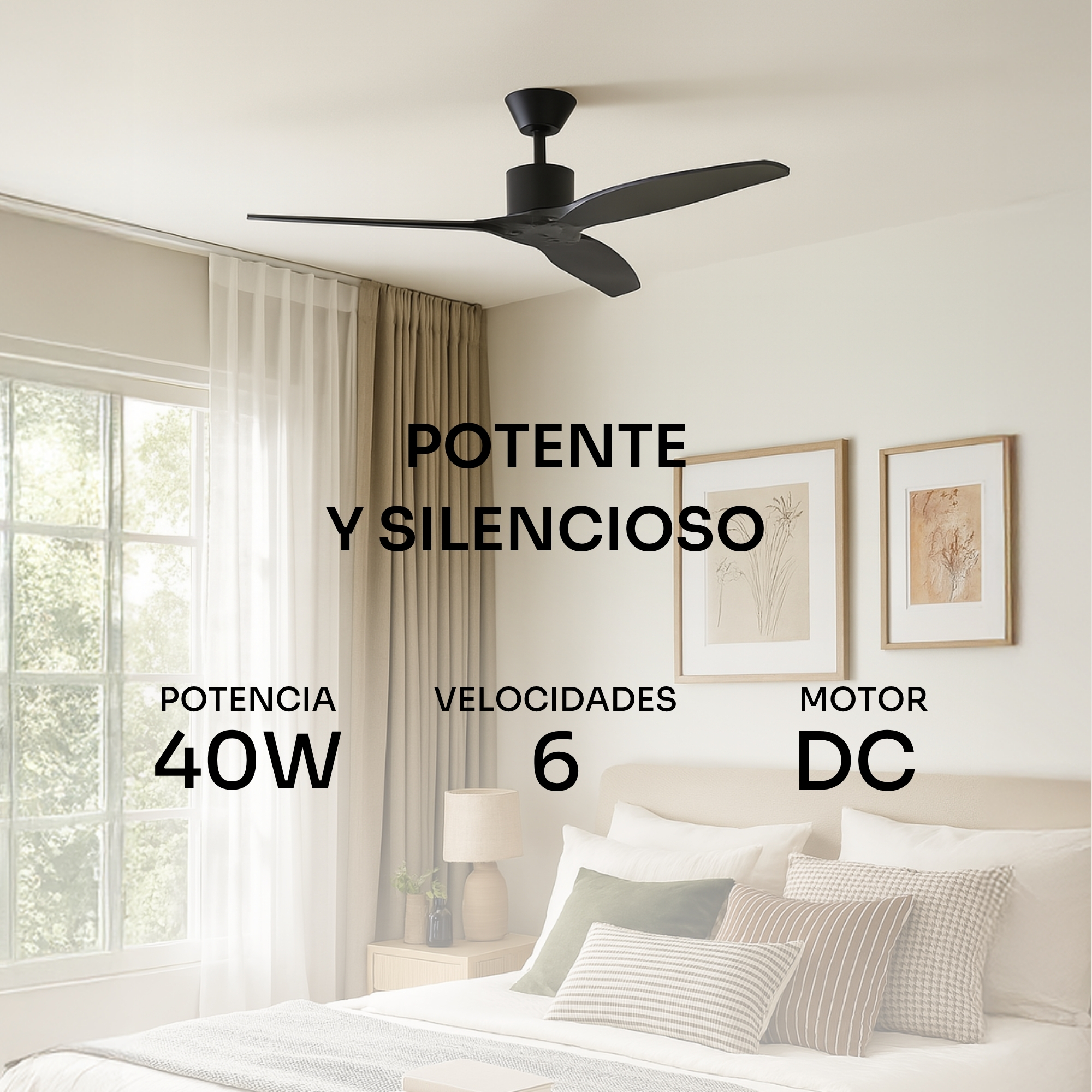 Ein schwarzer Deckenventilator mit drei Flügeln in einem Schlafzimmer, mit Textüberlagerungen, die seine Eigenschaften beschreiben.