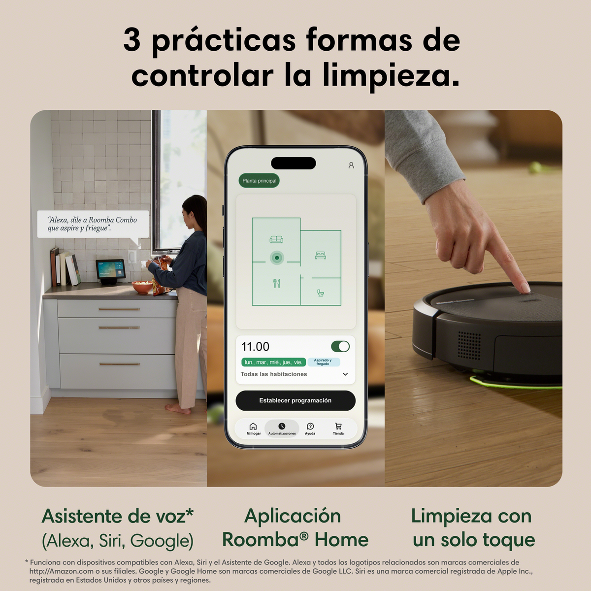 Donna parla ad Alexa, telefono mostra app Roomba, robot aspira. 3 metodi pulizia.