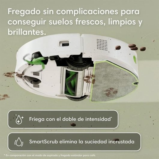 Un robot aspirapolvere bianco con spazzole verdi pulisce un pavimento sporco.