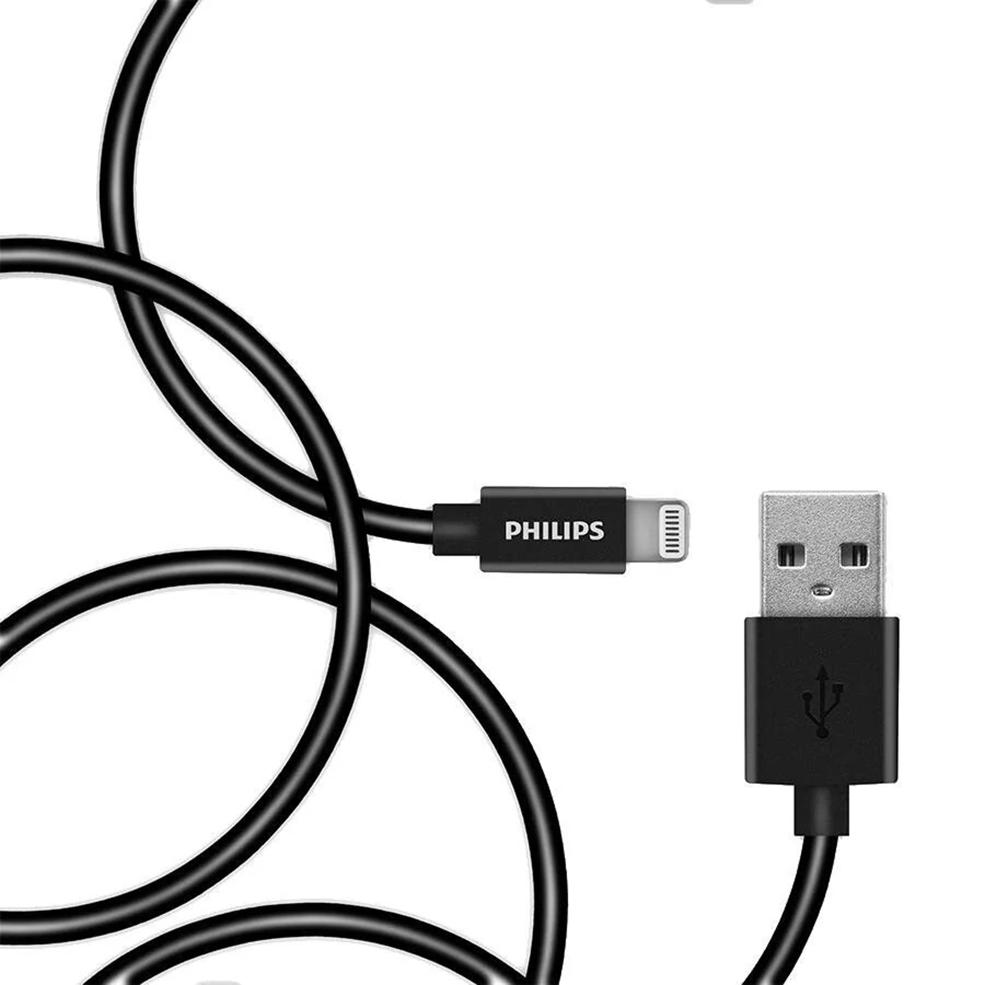 USB ve Lightning konektörlü siyah şarj kablosu, Philips logosu.