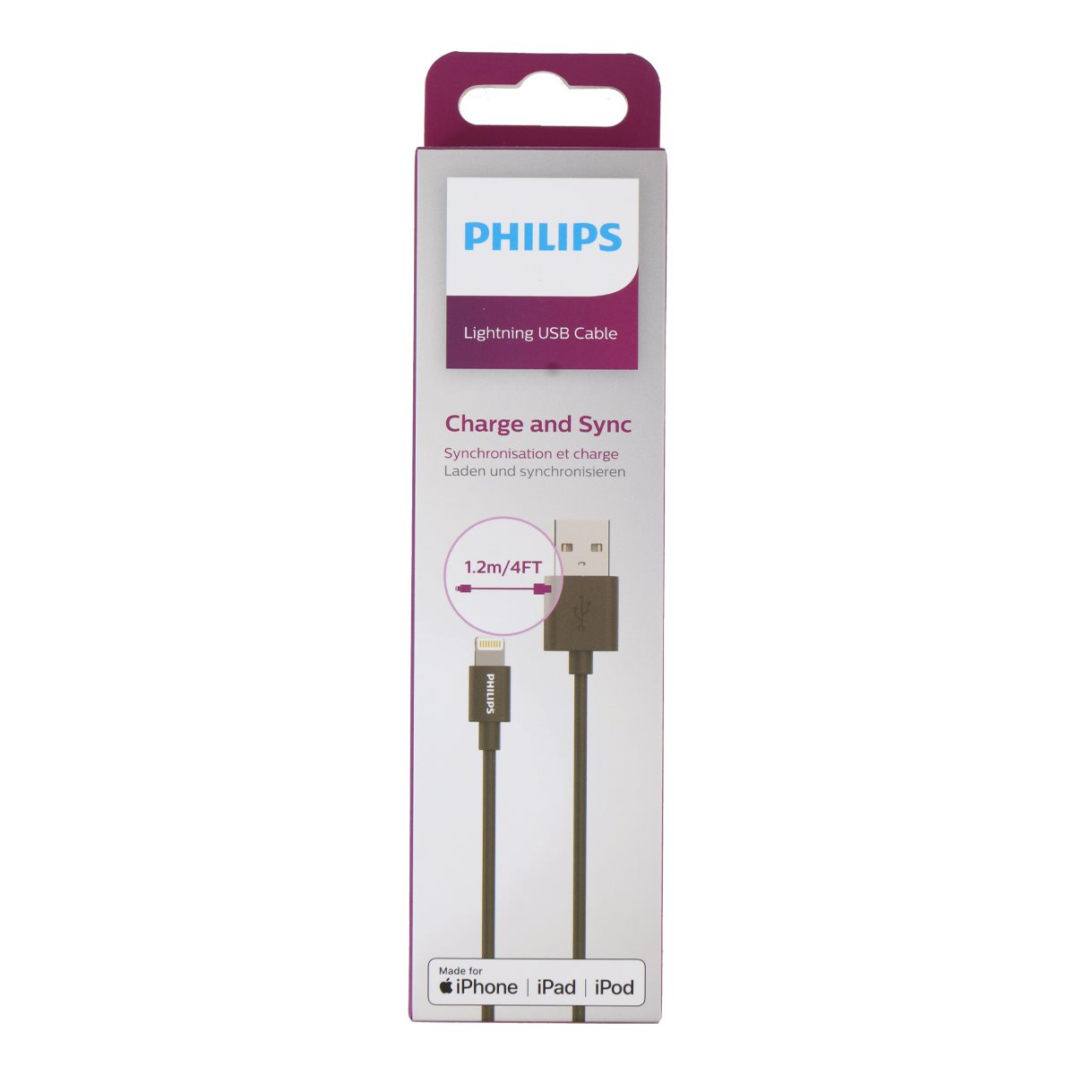 Philips Lightning USB kablosu, 1,2m, Apple cihazlarını şarj etmek ve senkronize etmek için.