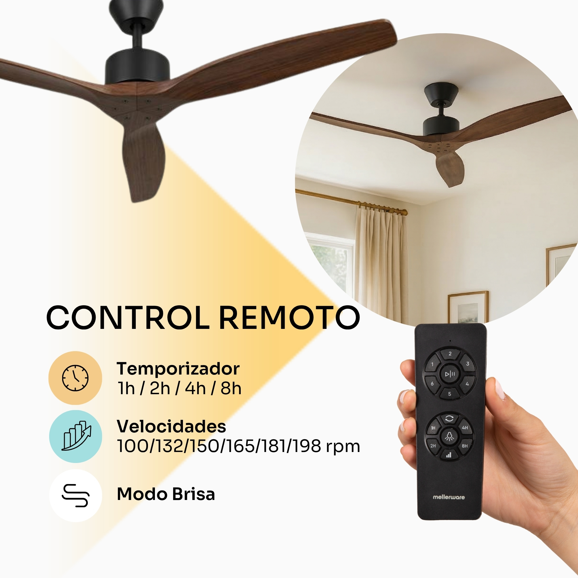 Una mano sostiene un control remoto para un ventilador de techo con aspas de madera.